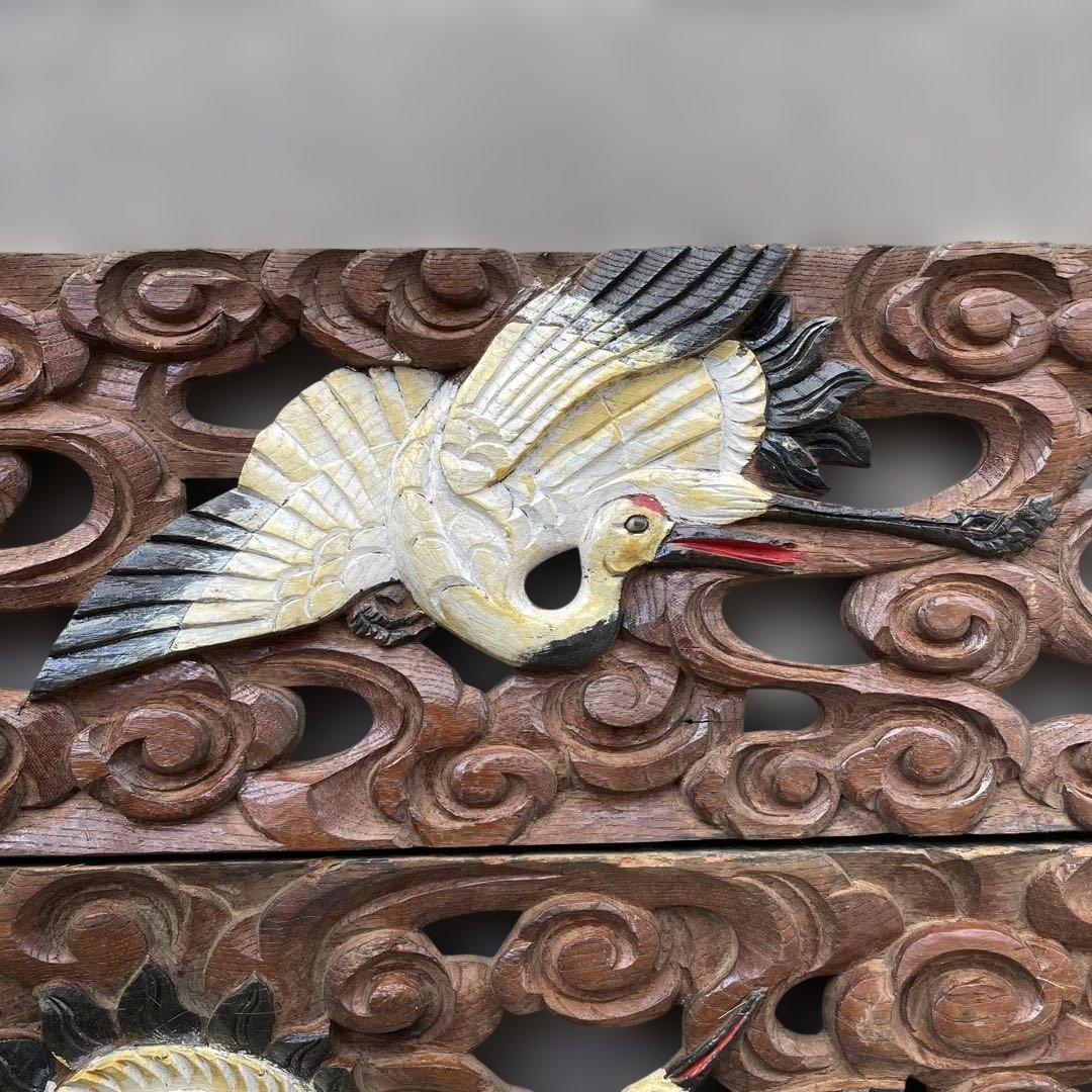 木彫4枚セット　鶴　枡合　狭間　懸魚　連子　欅　龍　武者　だんじり　骨董　太鼓台