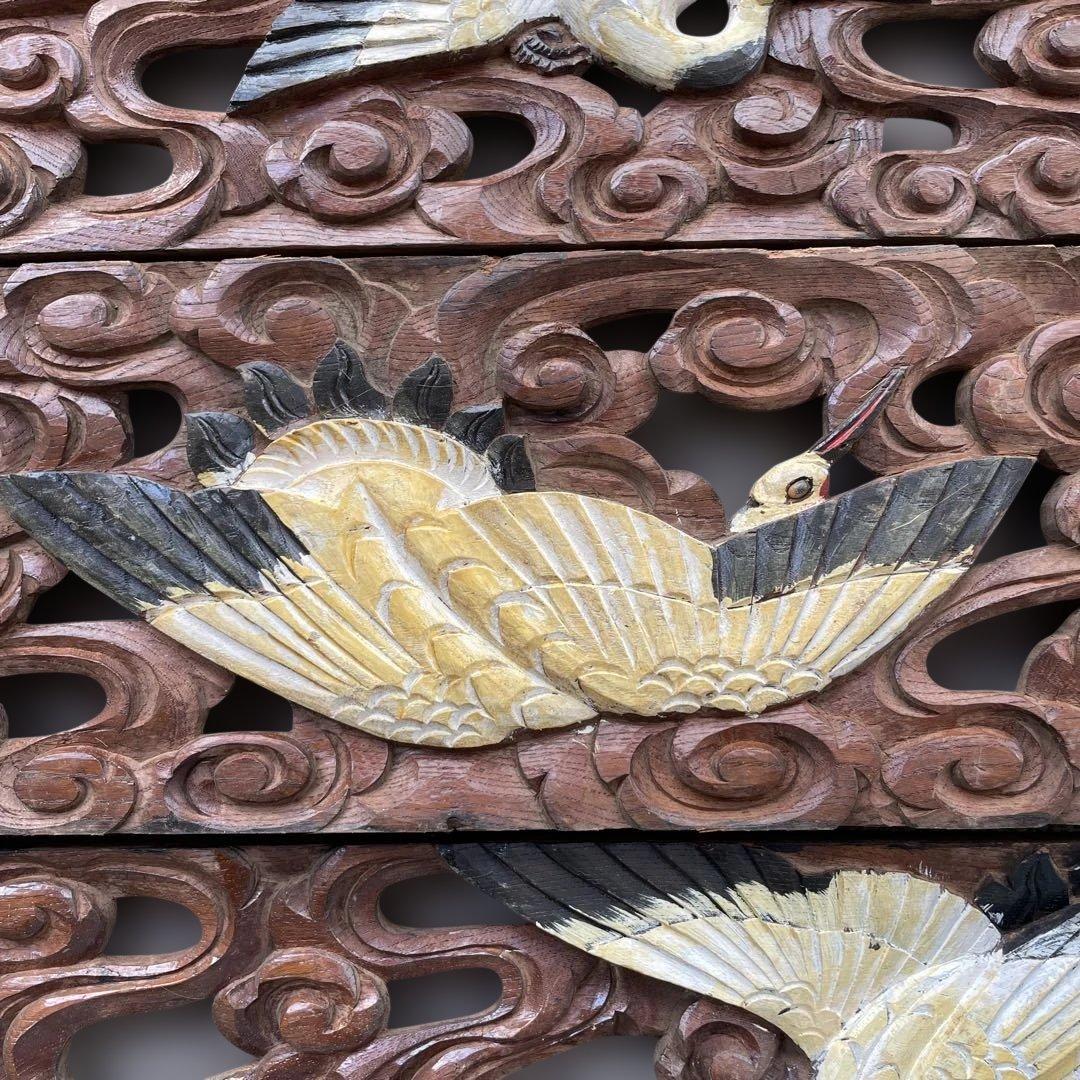 木彫4枚セット　鶴　枡合　狭間　懸魚　連子　欅　龍　武者　だんじり　骨董　太鼓台