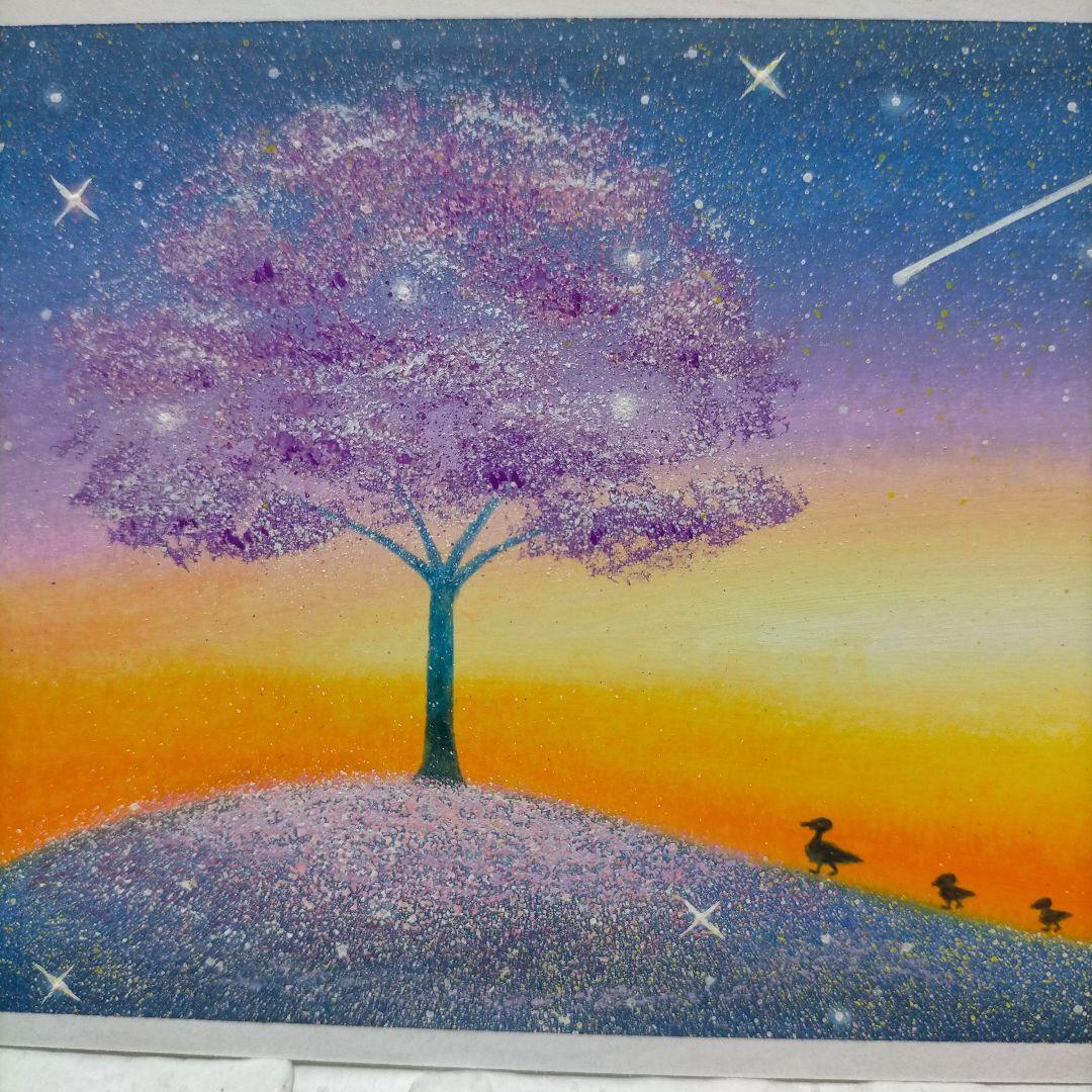 カルガモ親子と桜 星空 オイルパステル画原画 ハガキサイズ絵画 #79