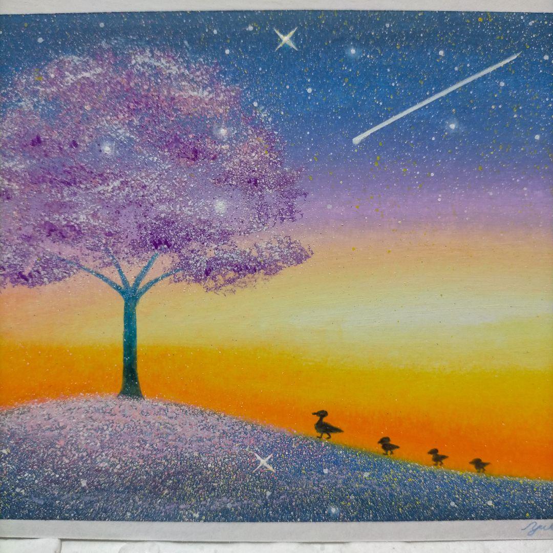 カルガモ親子と桜 星空 オイルパステル画原画 ハガキサイズ絵画 #79