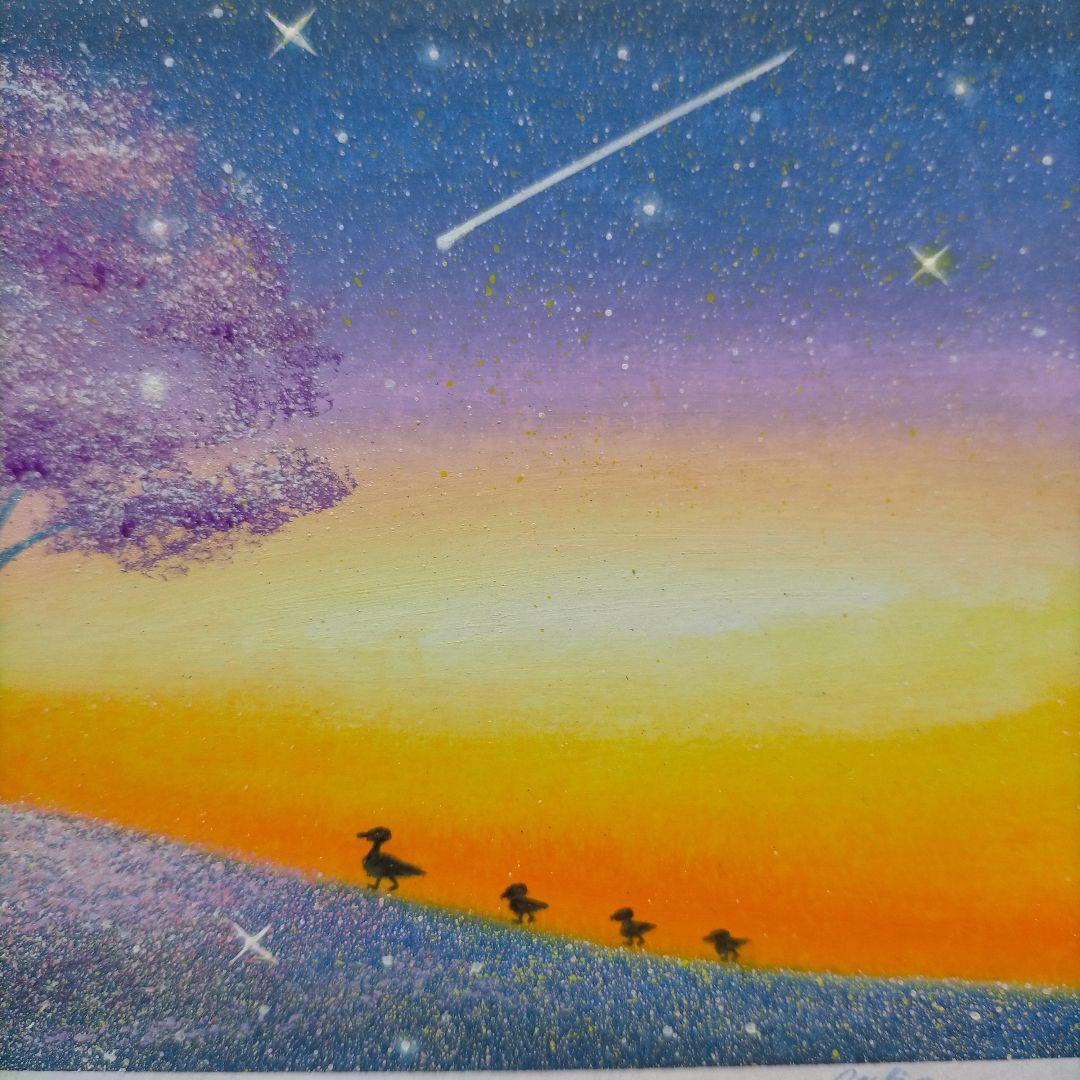 カルガモ親子と桜 星空 オイルパステル画原画 ハガキサイズ絵画 #79