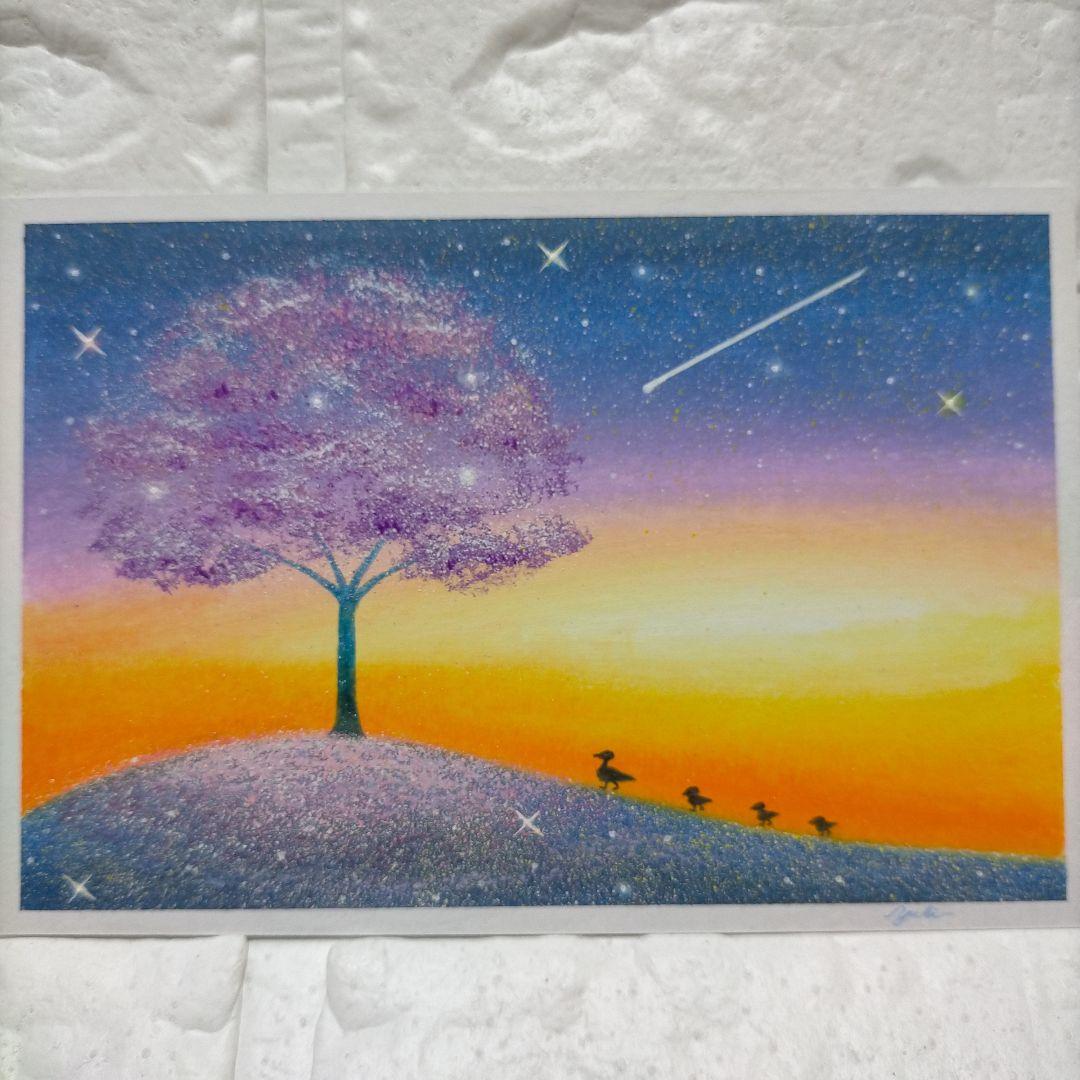 カルガモ親子と桜 星空 オイルパステル画原画 ハガキサイズ絵画 #79
