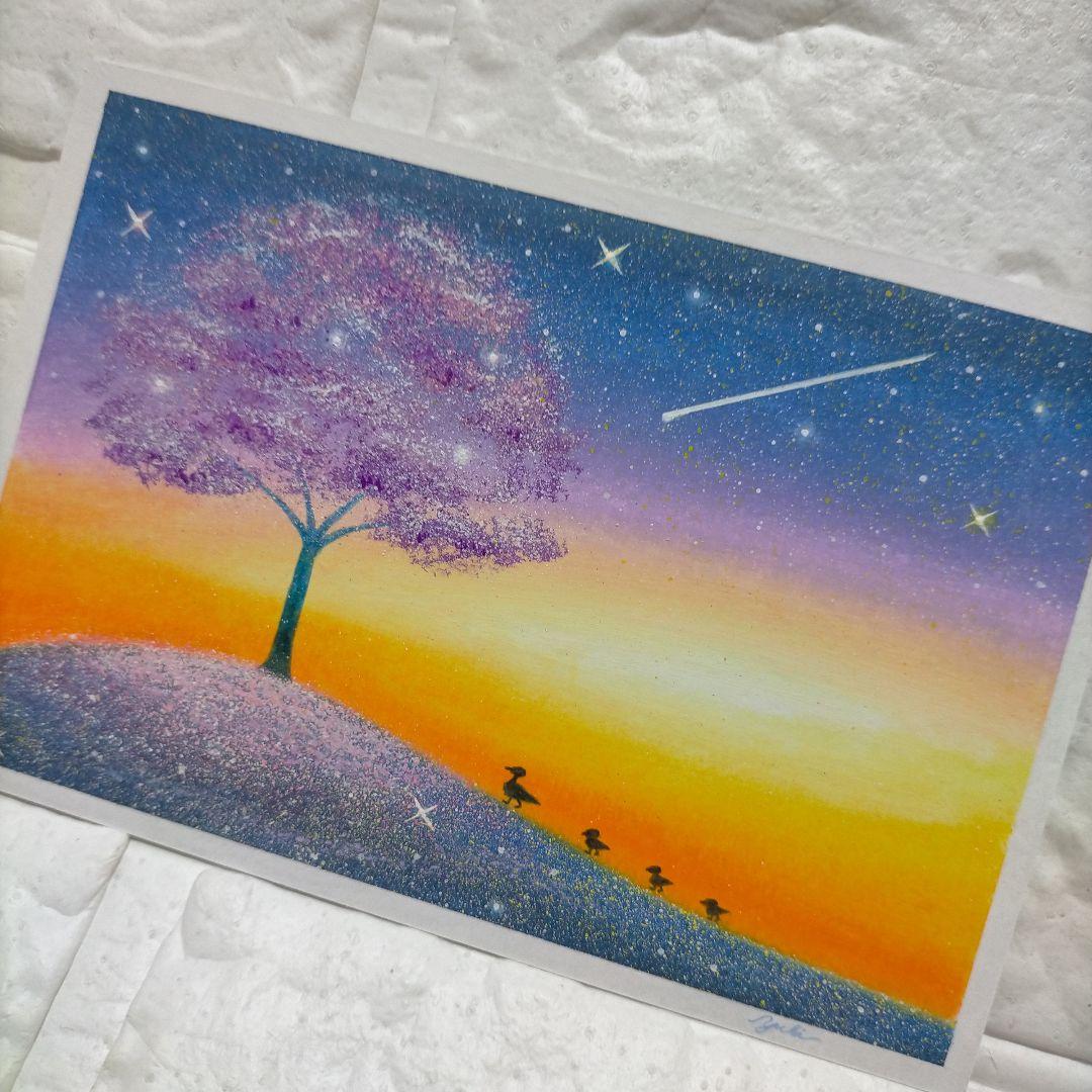 カルガモ親子と桜 星空 オイルパステル画原画 ハガキサイズ絵画 #79