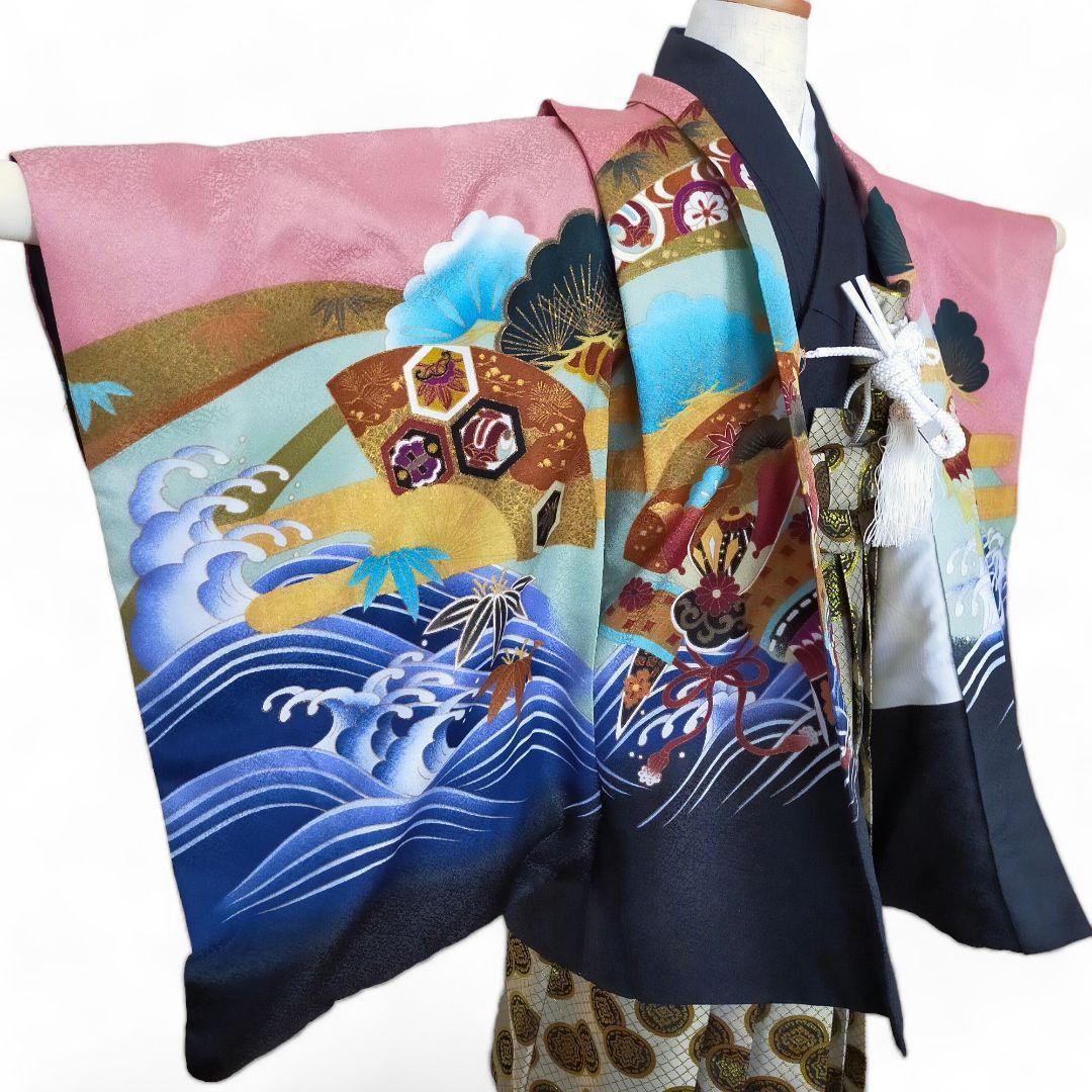 七五三 男の子 5歳 着物 セット 一式 サーモンピンク 黒 レア 100101