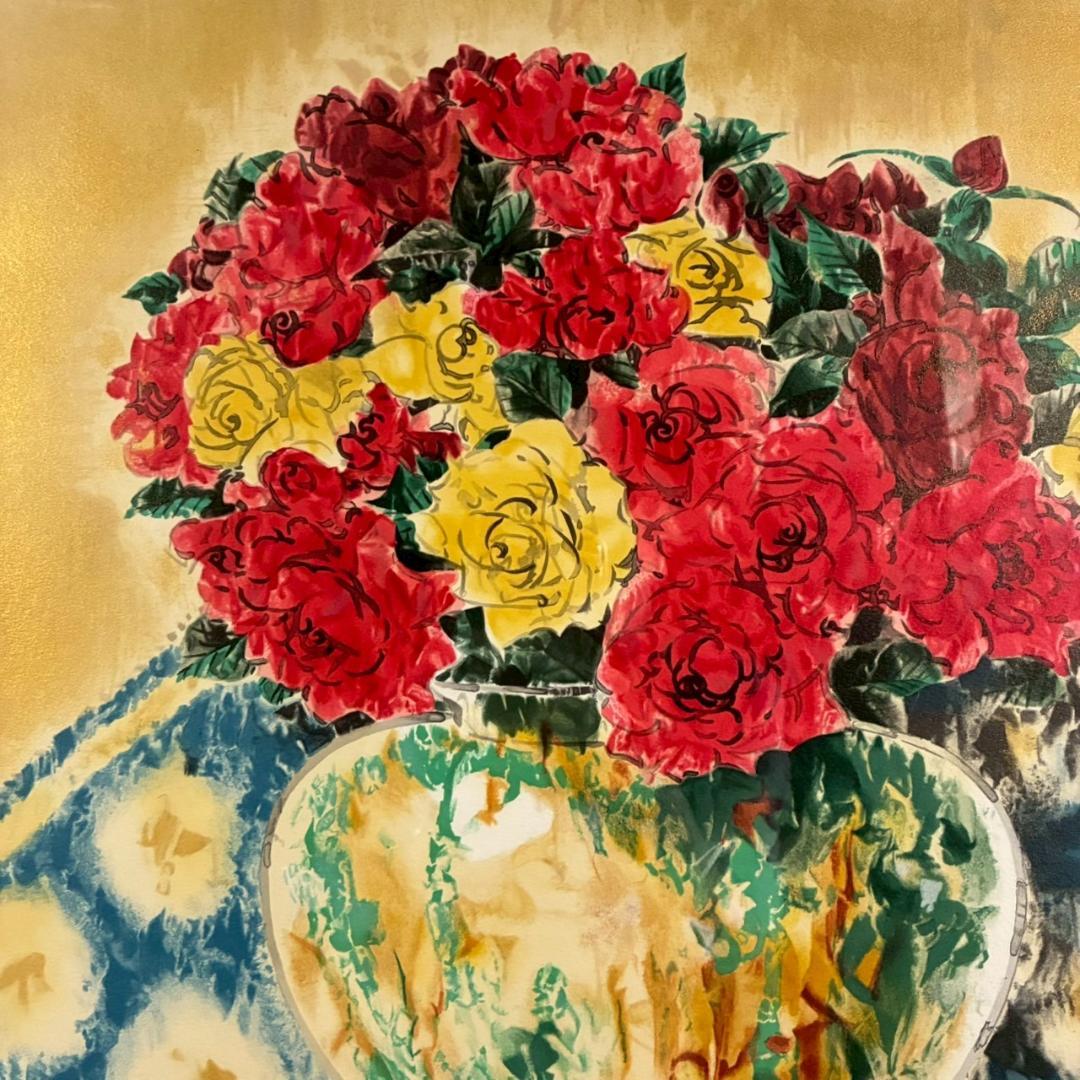 美品 前田青邨「薔薇」リトグラフ 前田すゑ承認印・証明シール・日本版画協会番号有