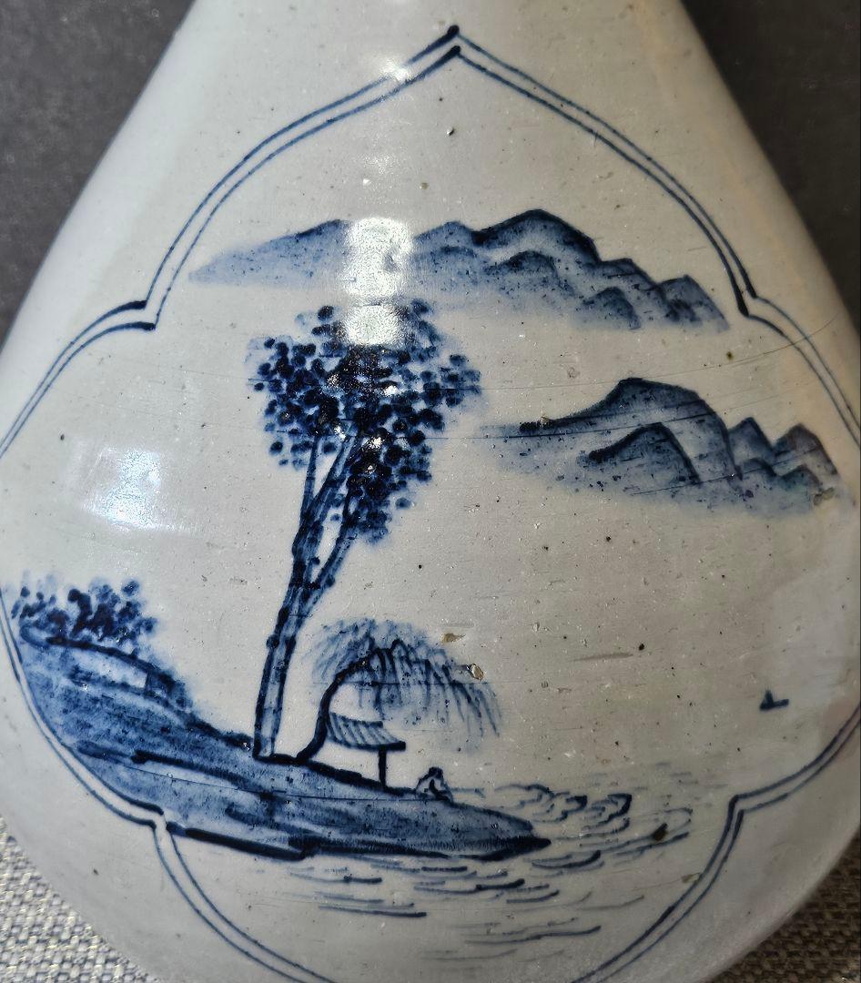 李朝　青華　染付　楼閣山水人物図　大瓶 大壺　高 約37.2cm　韓国古美術