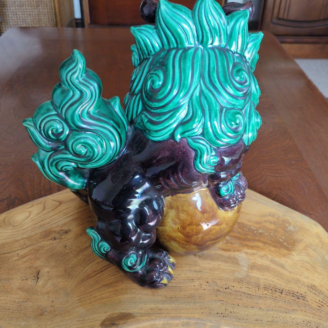 陶器製 獅子の置物 緑と茶色