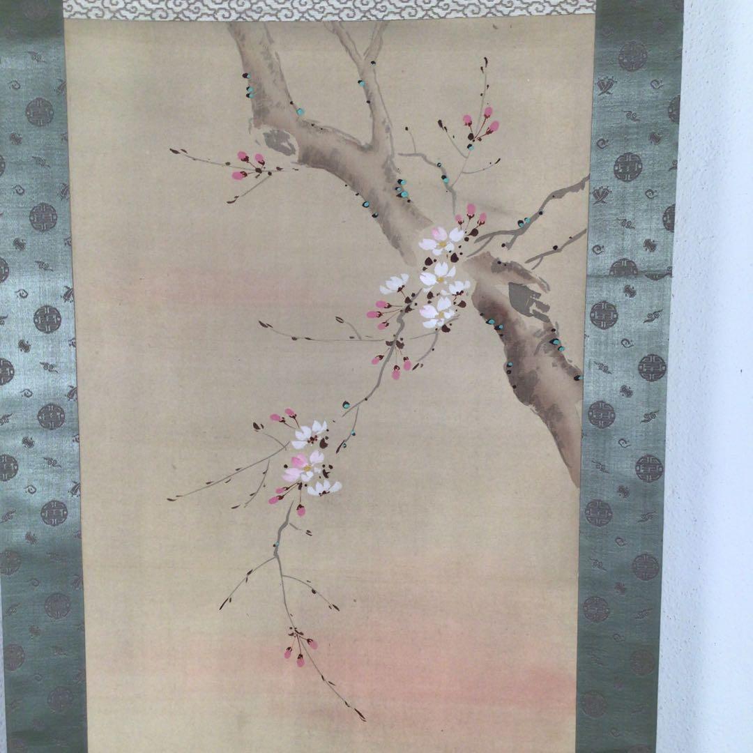 No3877掛軸　川口呉川　双鶏図　絹本　日本画　花鳥画　古画　古美術　送料無料