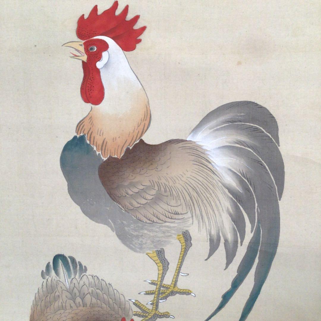 No3877掛軸　川口呉川　双鶏図　絹本　日本画　花鳥画　古画　古美術　送料無料