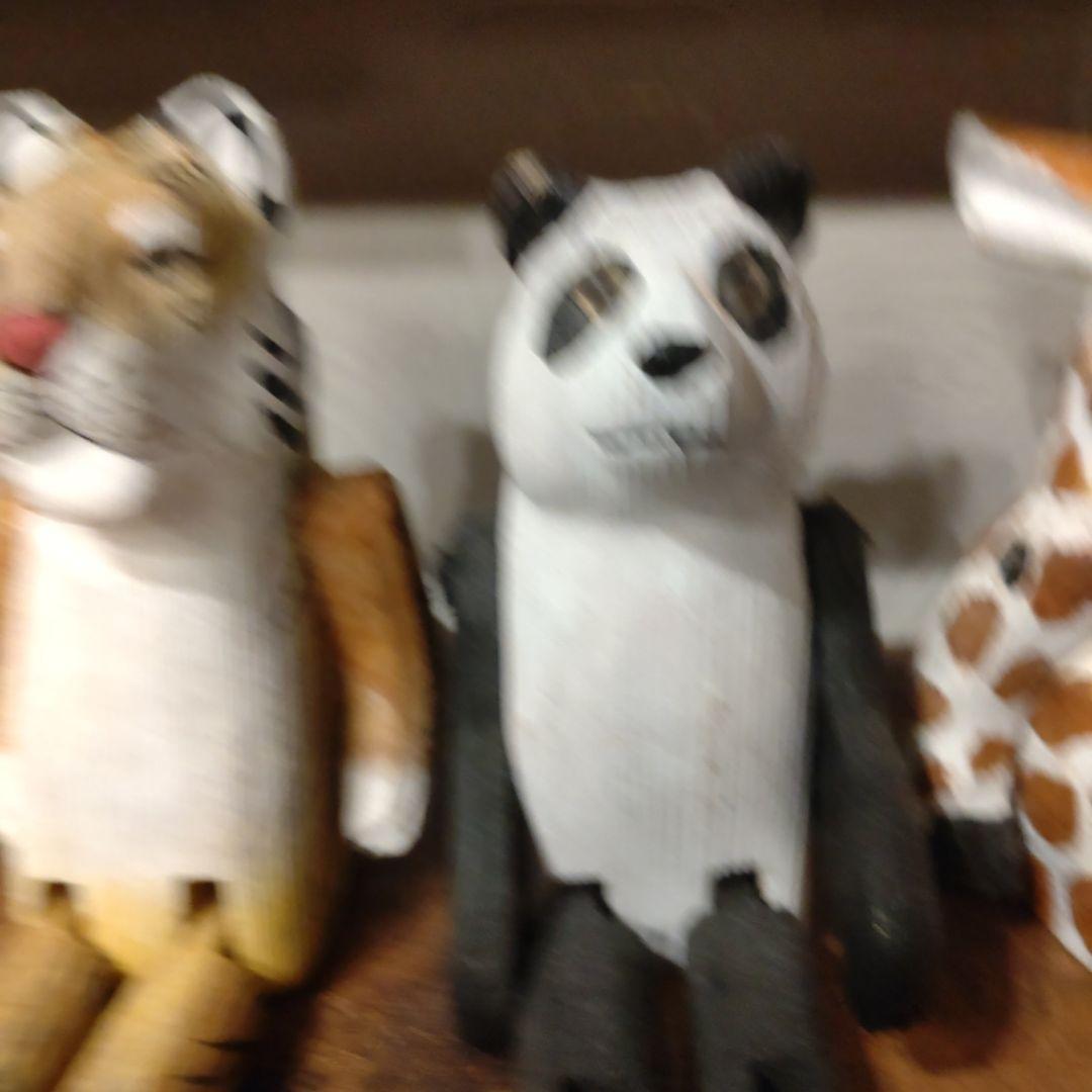 木製動物置物セット（シマウマ, トラ, パンダ, キリン）