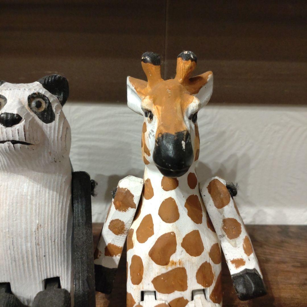 木製動物置物セット（シマウマ, トラ, パンダ, キリン）
