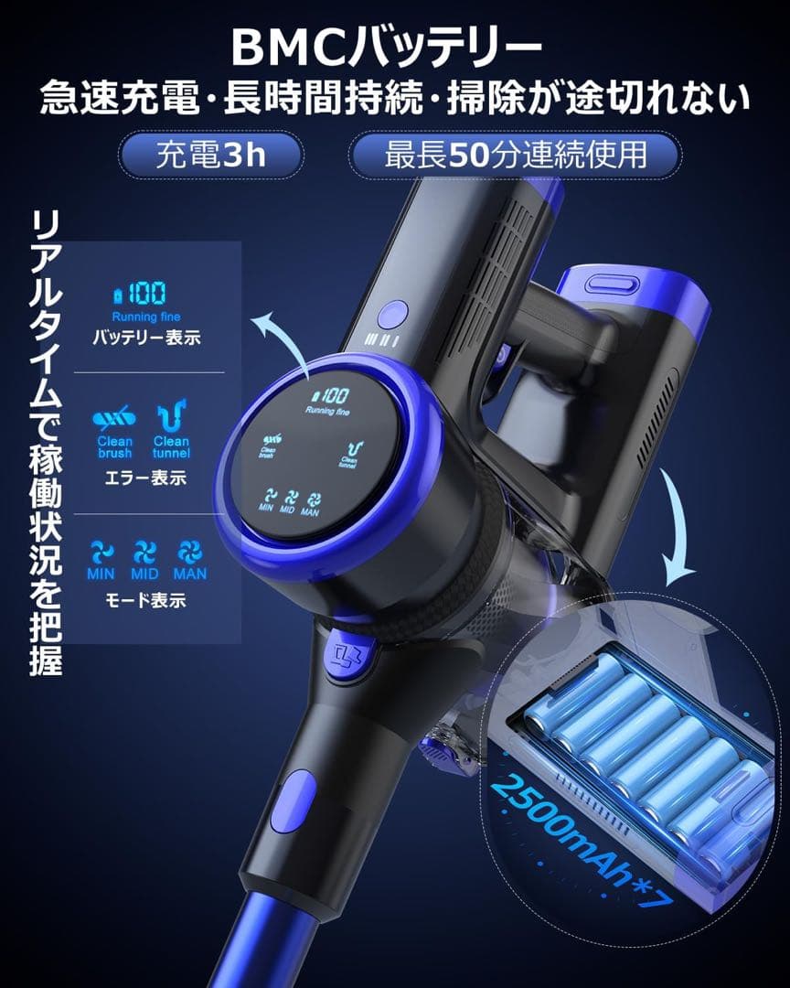 掃除機コードレス【50000Pa超強力吸引】50分連続稼働 3モード 大容量1L