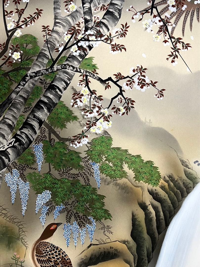 林 正仙 桜に雉子 掛け軸 絹本 共箱