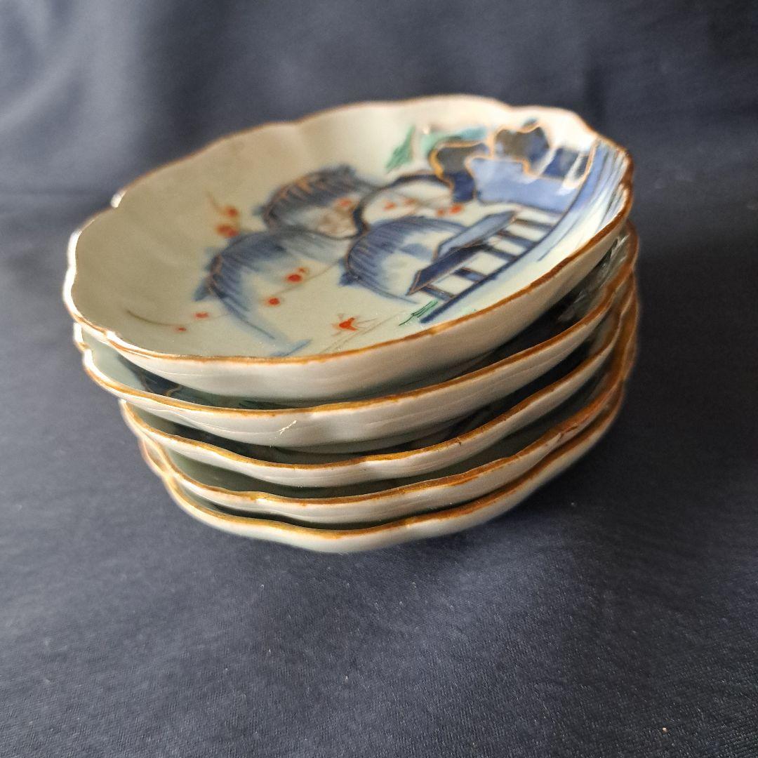 「金彩の山水！(直径10cm)」古伊万里 色絵小皿 5客セット 骨董アンティーク