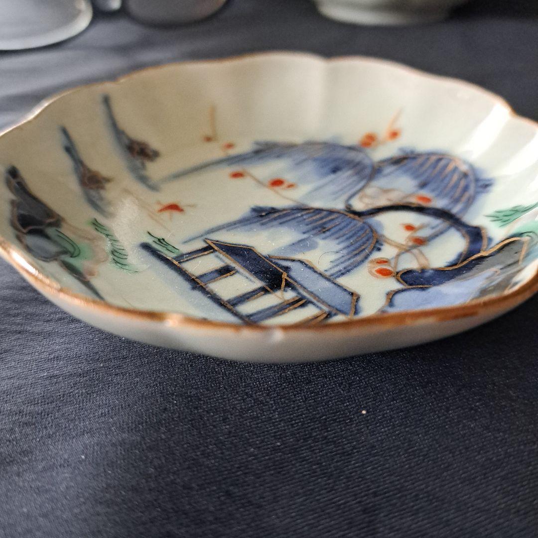 「金彩の山水！(直径10cm)」古伊万里 色絵小皿 5客セット 骨董アンティーク