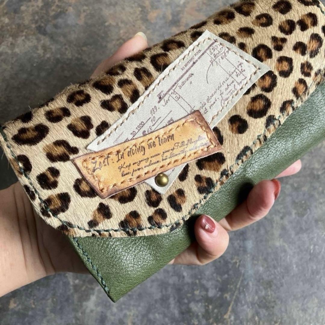 本革☆ハラコ財布　ヌメ革　プルアップカーキ レザー財布　長財布