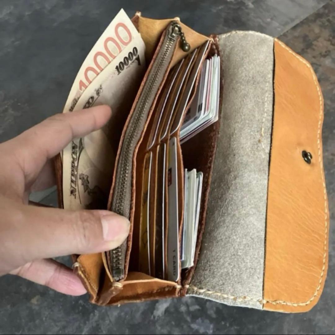 本革☆ハラコ財布　ヌメ革　プルアップカーキ レザー財布　長財布