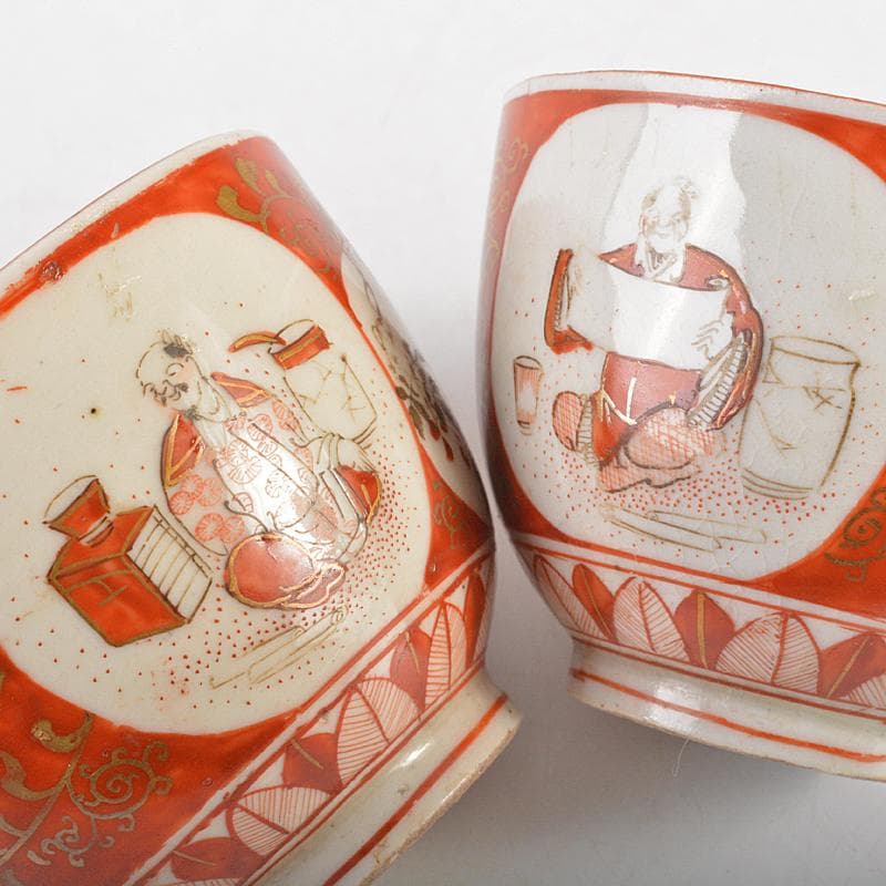 煎茶道具　九谷焼　赤絵金彩　人物花文　煎茶碗　五客　碗筒付　M　R7118