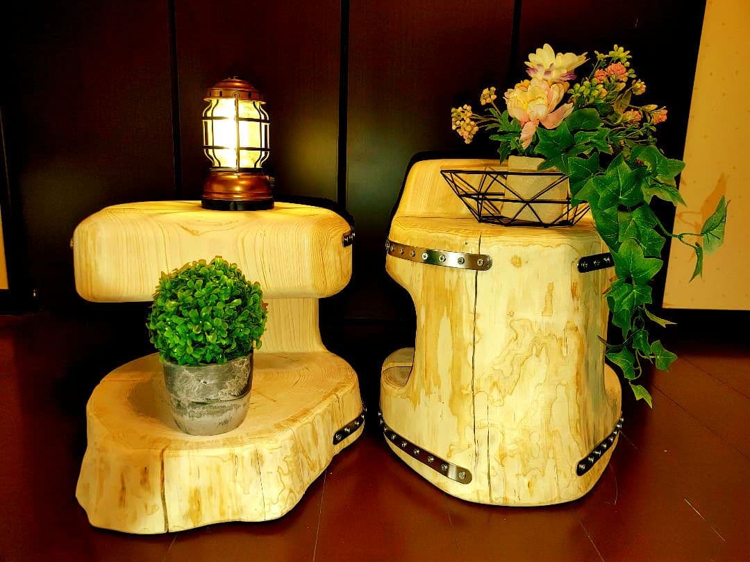 『限定価格』四国霊峰石鎚山産大型 天然ひのき ふたご 椅子 テーブル 花台①②