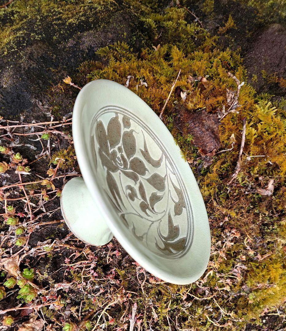 掻落 台付皿 小田志焼（こだじ）規窯 井上規 共箱 花文様 朝鮮古陶　薄柳色