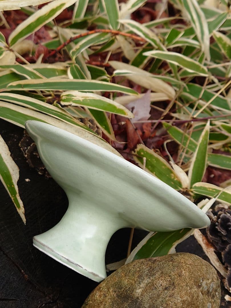 掻落 台付皿 小田志焼（こだじ）規窯 井上規 共箱 花文様 朝鮮古陶　薄柳色