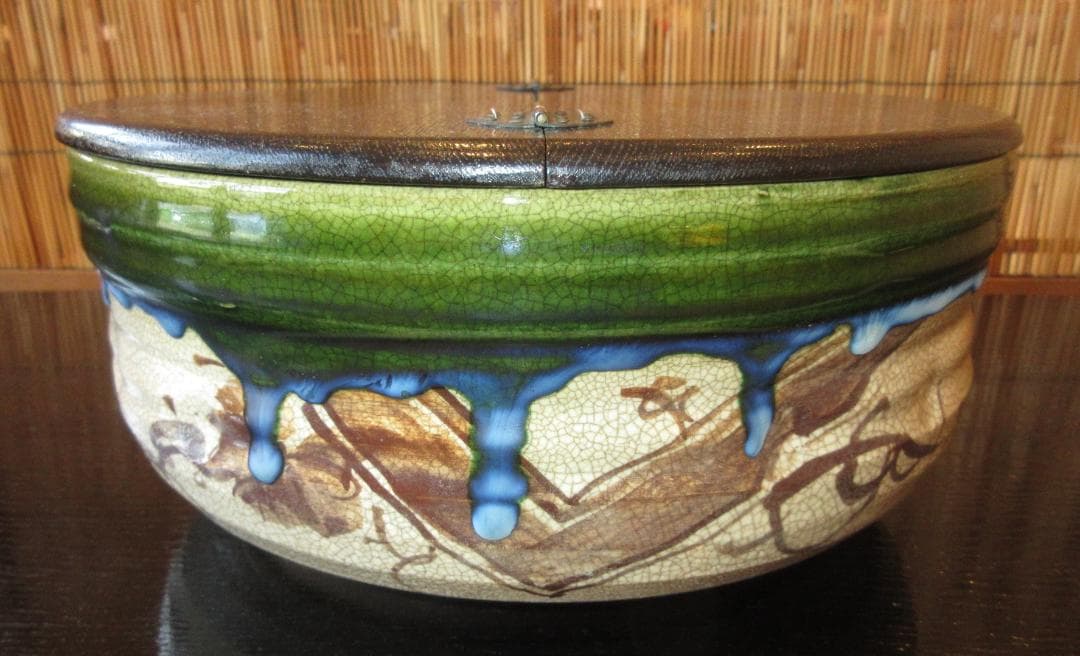 送料込【逢絢亭】茶道具 平水指 美濃焼 織部 掻合の割蓋 加藤六くべ