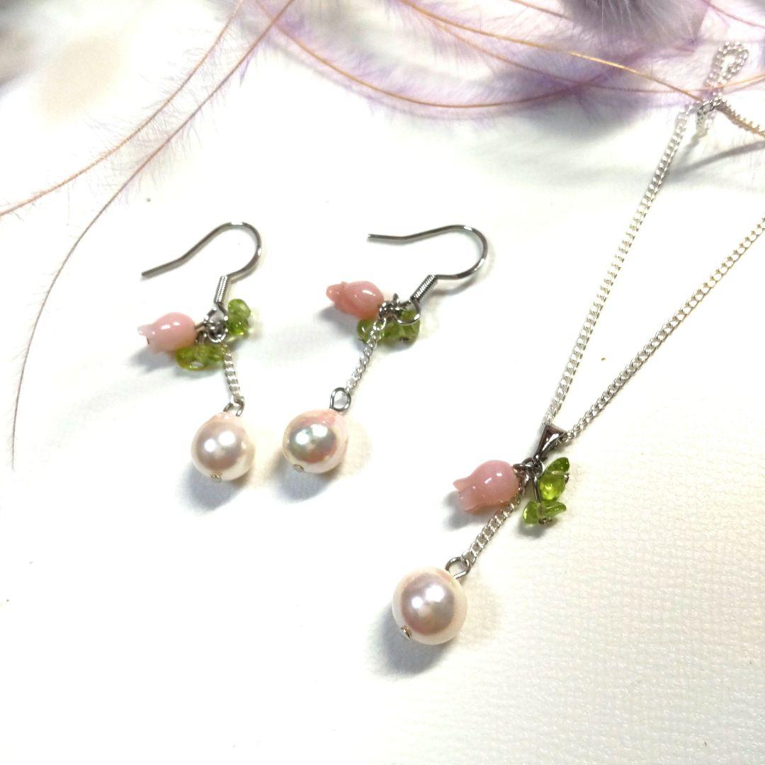 ピンクオパール・ペリドット・あこや本真珠 ピアス ネックレスセット
