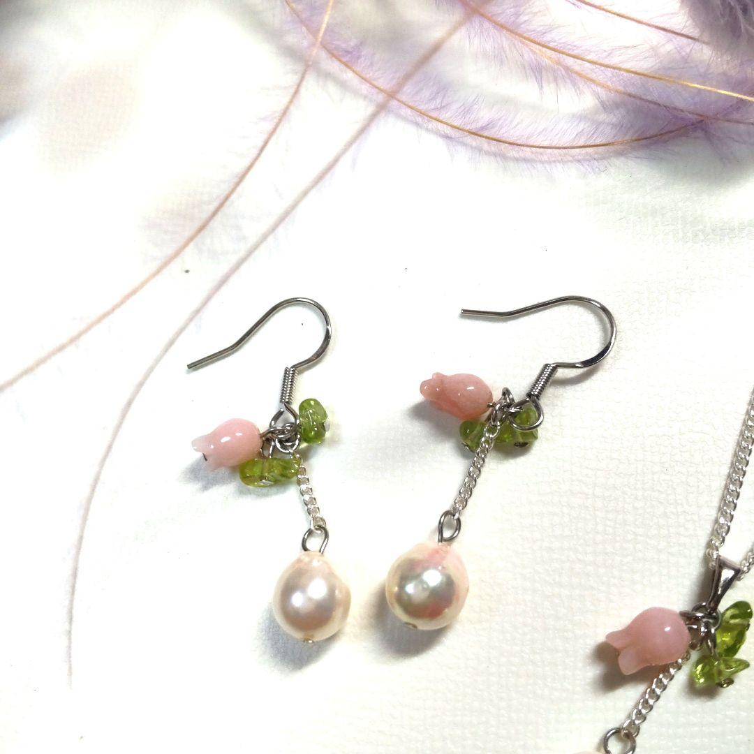 ピンクオパール・ペリドット・あこや本真珠 ピアス ネックレスセット