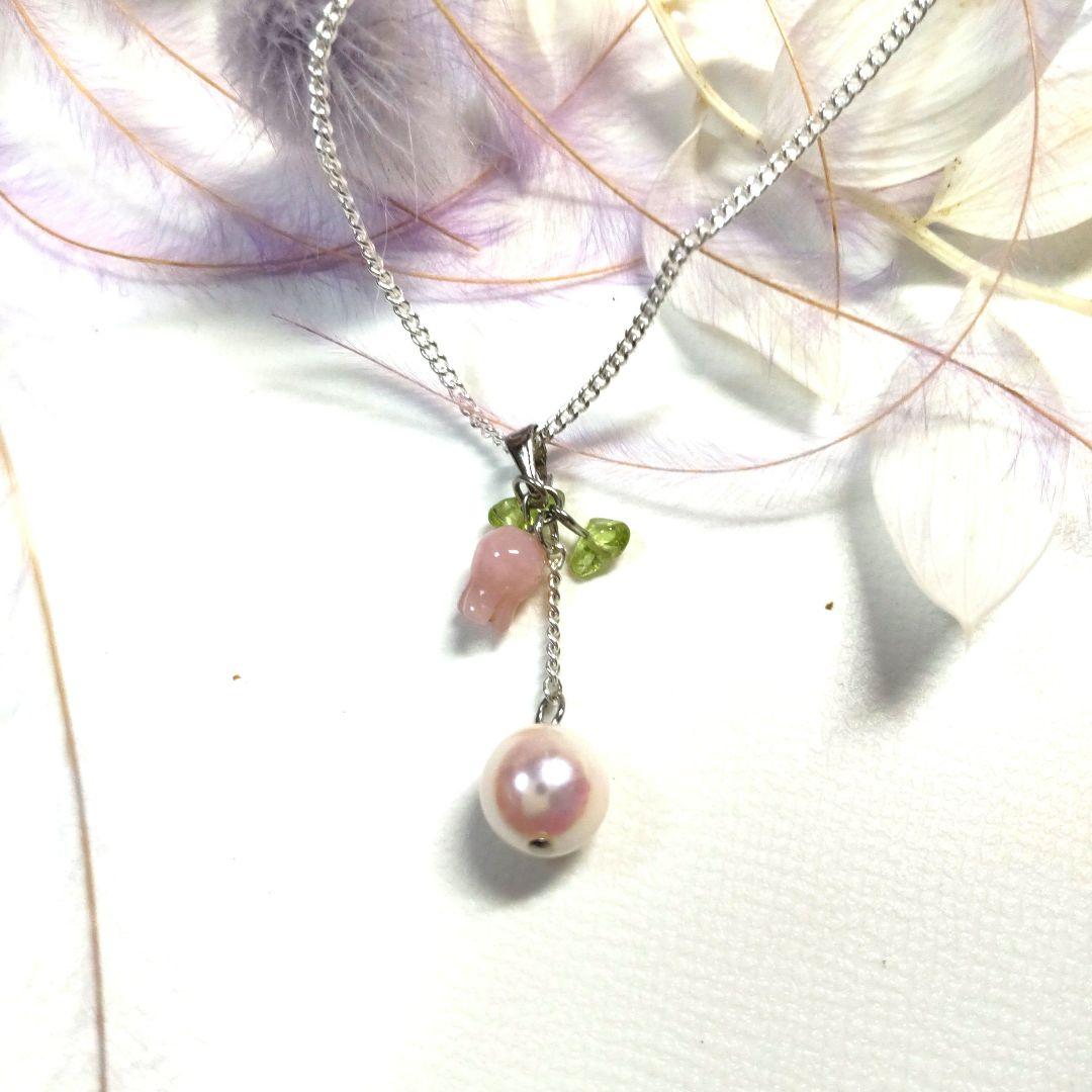 ピンクオパール・ペリドット・あこや本真珠 ピアス ネックレスセット