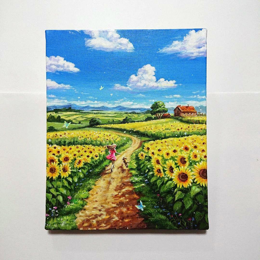 【夏空に向かって】アクリル画 F3 風景画 絵画