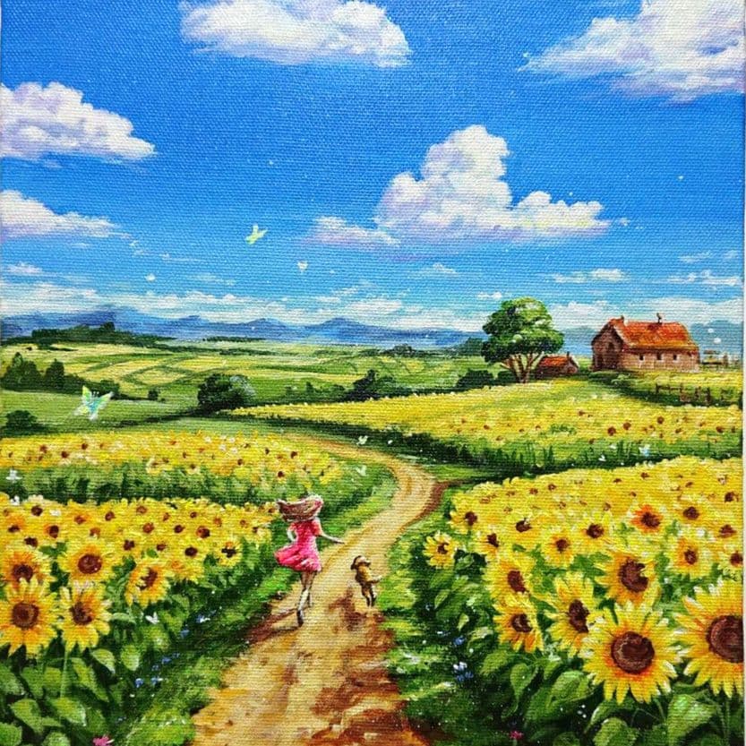 【夏空に向かって】アクリル画 F3 風景画 絵画