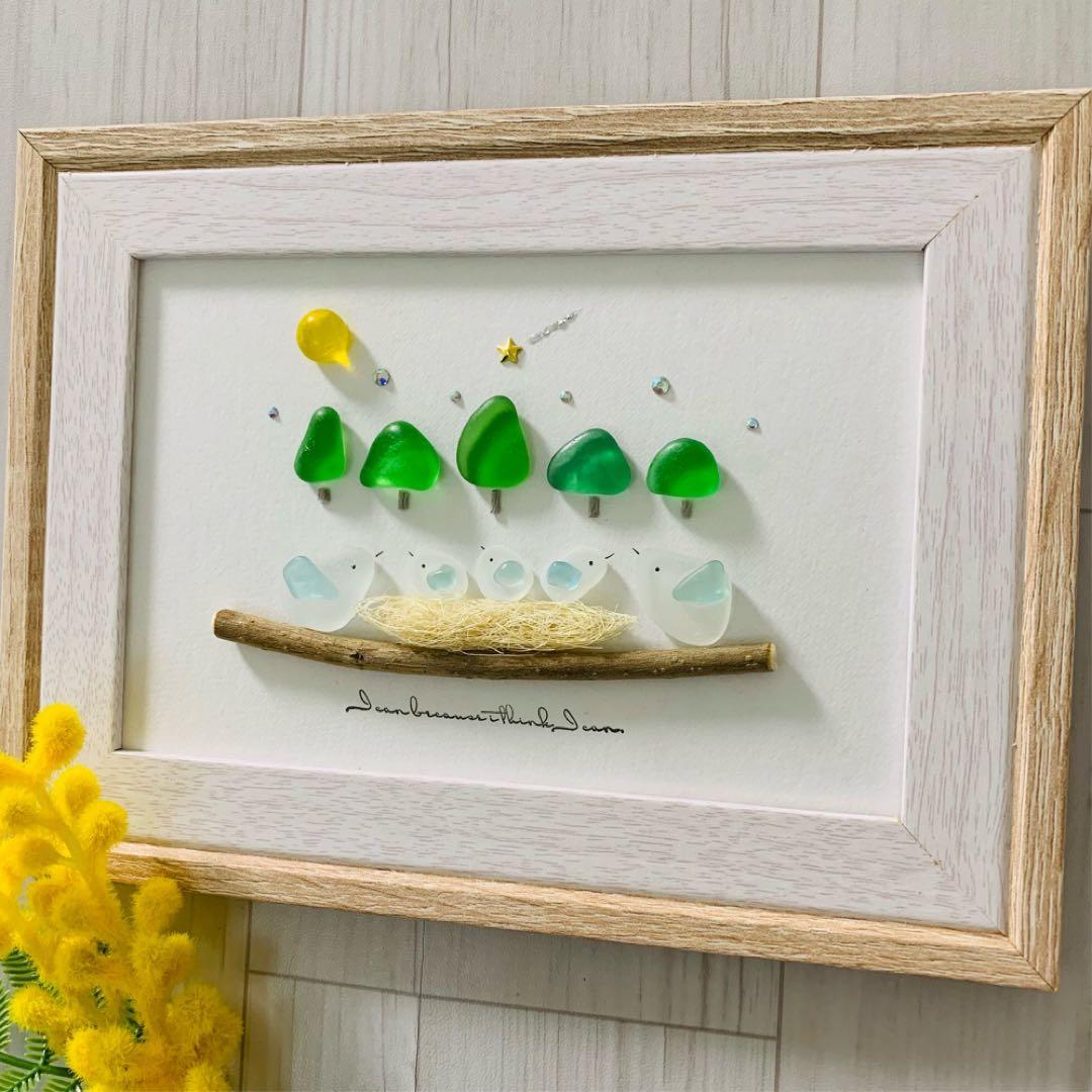 シーグラスアート 小鳥の家族 満月 癒しの森 インテリア雑貨 壁掛け 置物