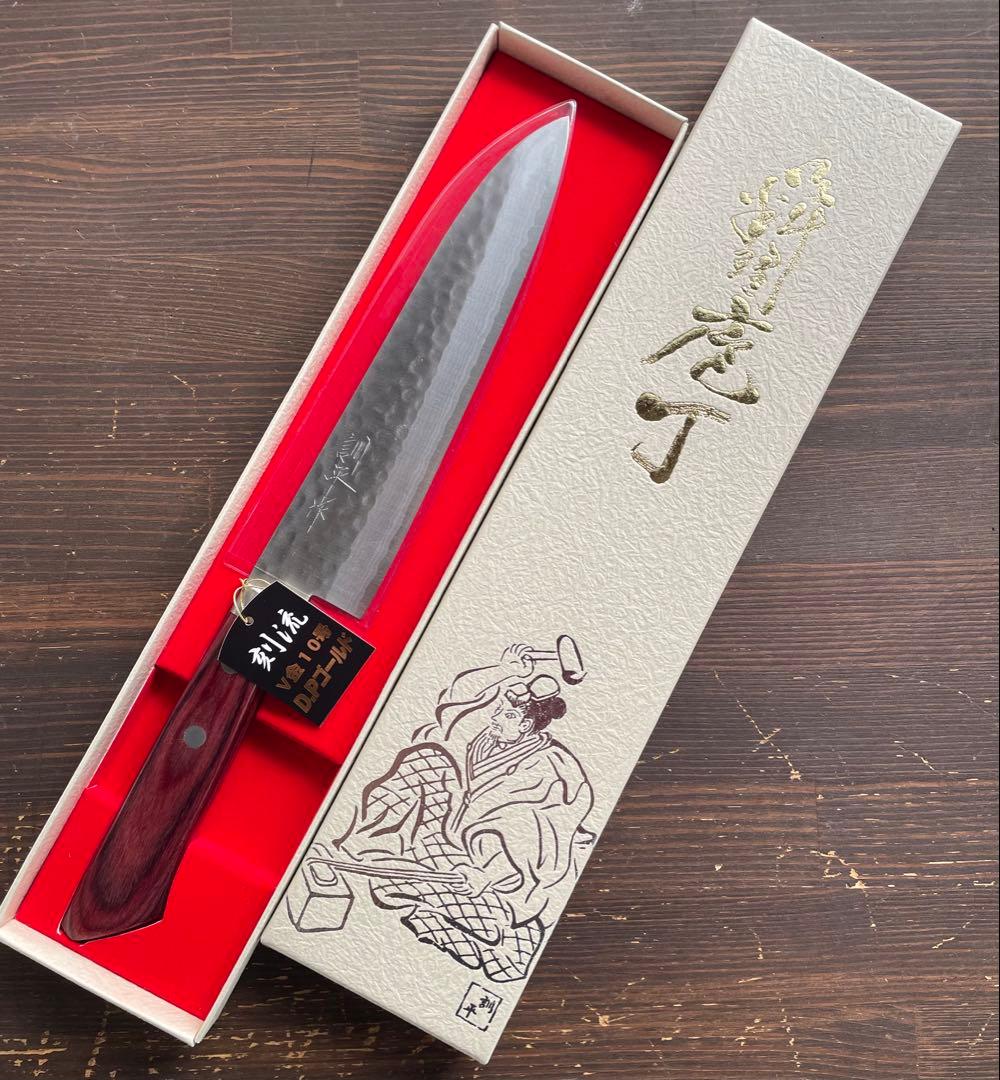 増谷刃物 訓平作 牛刀VG10積層槌目（刻流）口金有 レッド柄 アウトレット