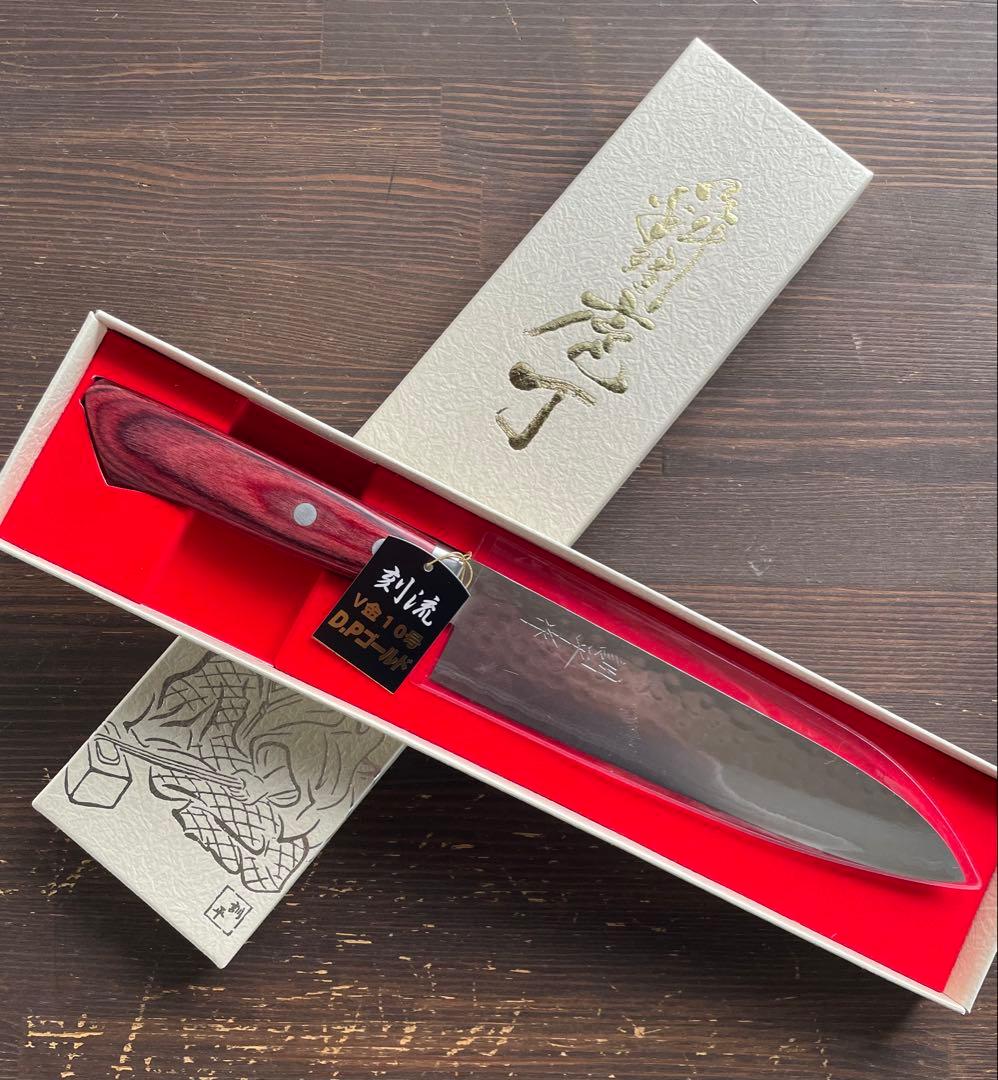 増谷刃物 訓平作 牛刀VG10積層槌目（刻流）口金有 レッド柄 アウトレット