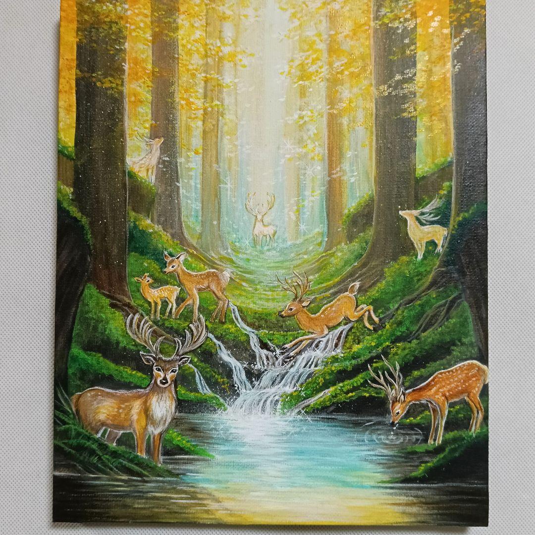 No.542　 鹿の森　アクリル画　原画　F3　 鹿神　紅葉