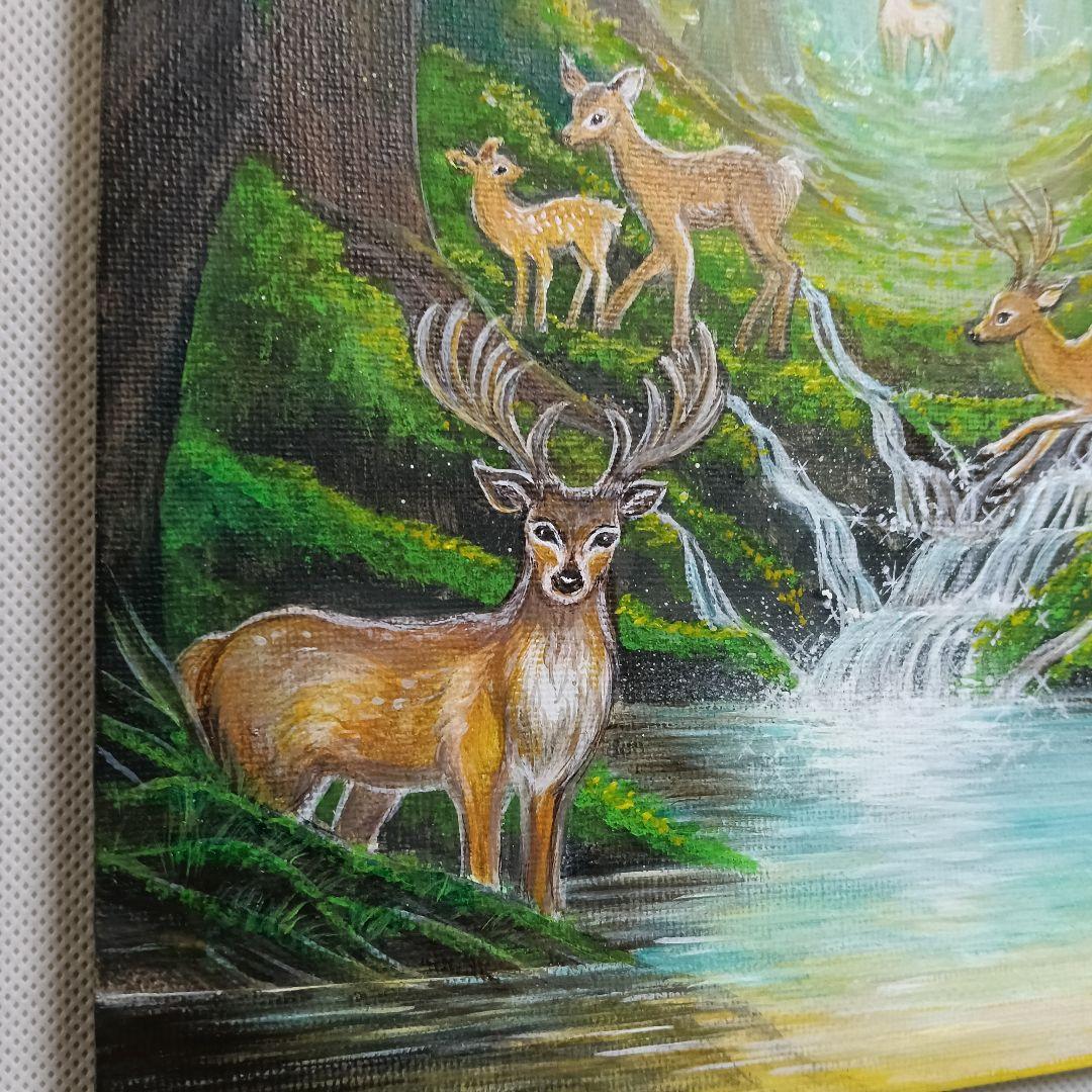 No.542　 鹿の森　アクリル画　原画　F3　 鹿神　紅葉