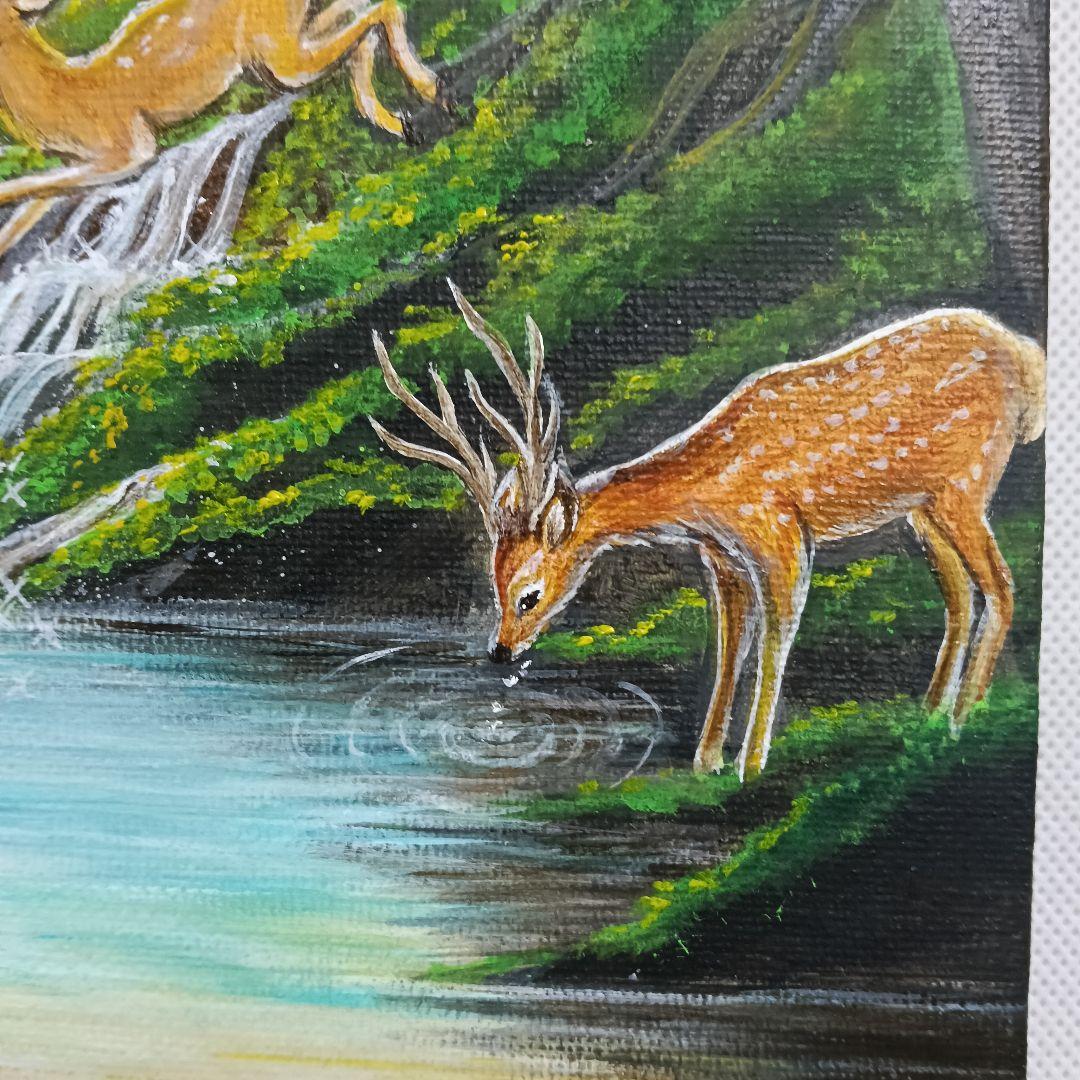 No.542　 鹿の森　アクリル画　原画　F3　 鹿神　紅葉