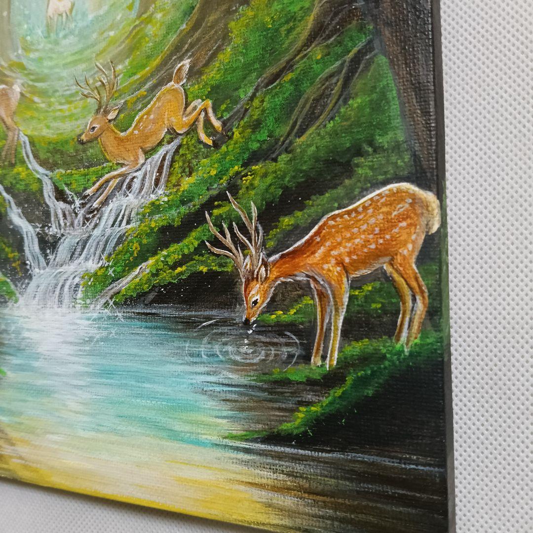 No.542　 鹿の森　アクリル画　原画　F3　 鹿神　紅葉