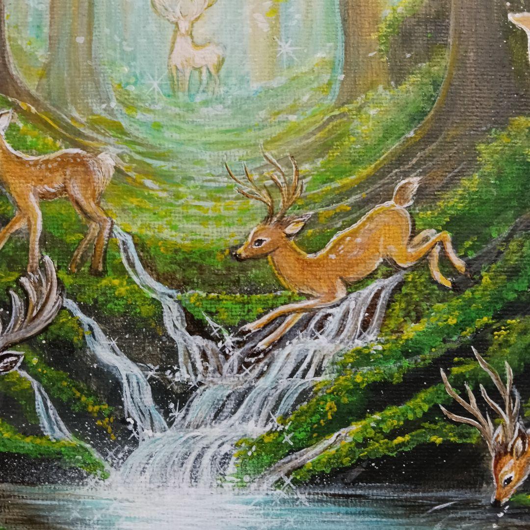 No.542　 鹿の森　アクリル画　原画　F3　 鹿神　紅葉
