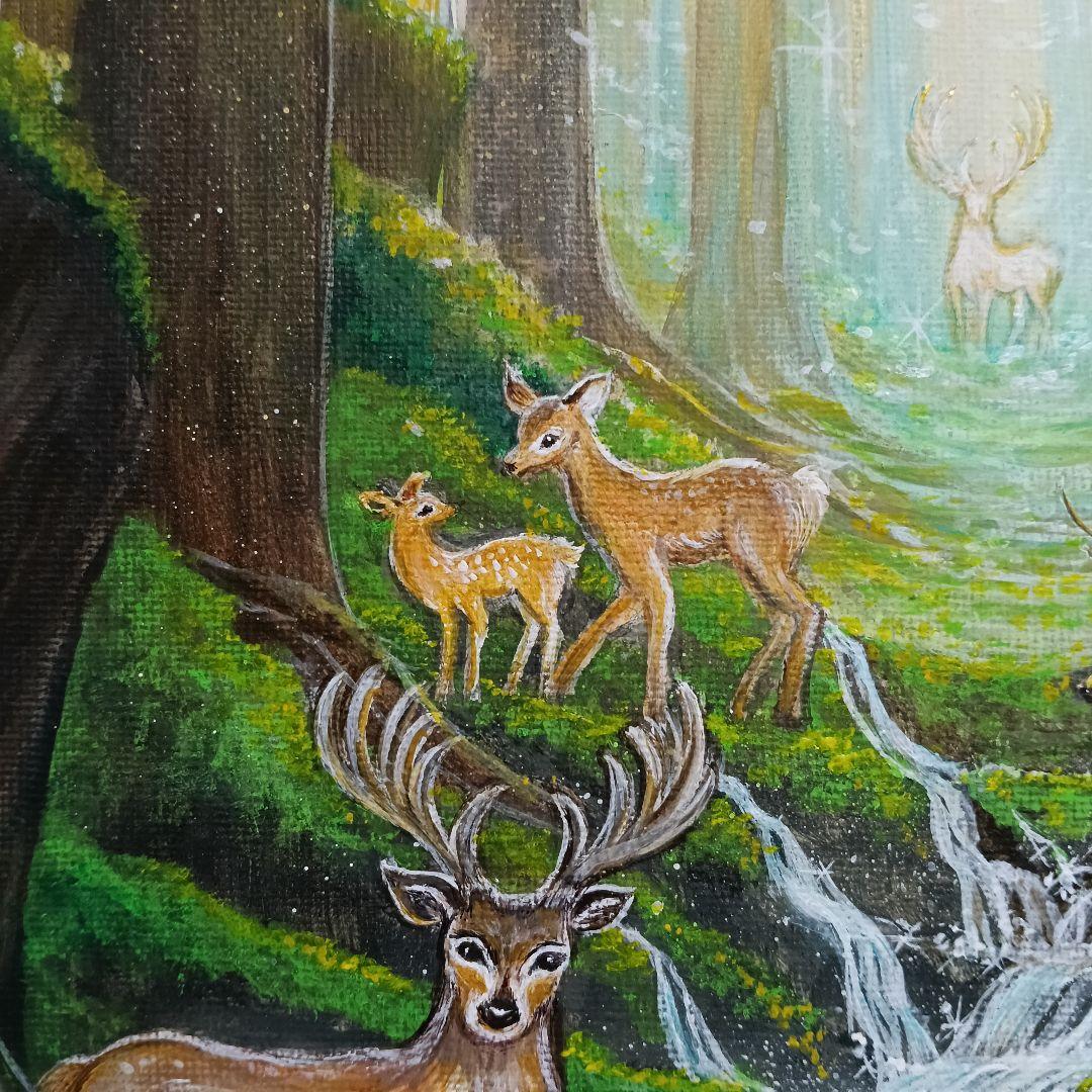 No.542　 鹿の森　アクリル画　原画　F3　 鹿神　紅葉