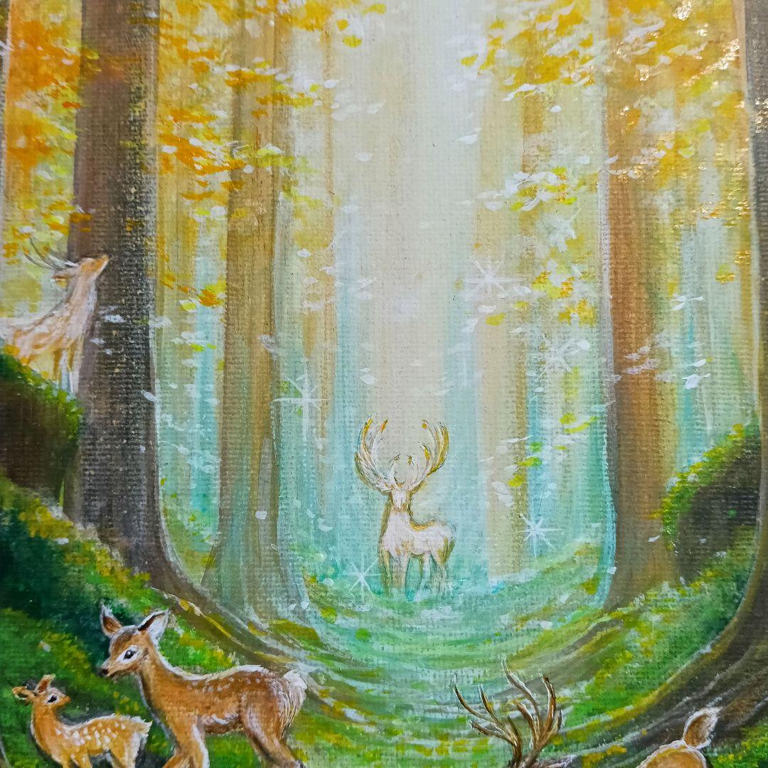 No.542　 鹿の森　アクリル画　原画　F3　 鹿神　紅葉