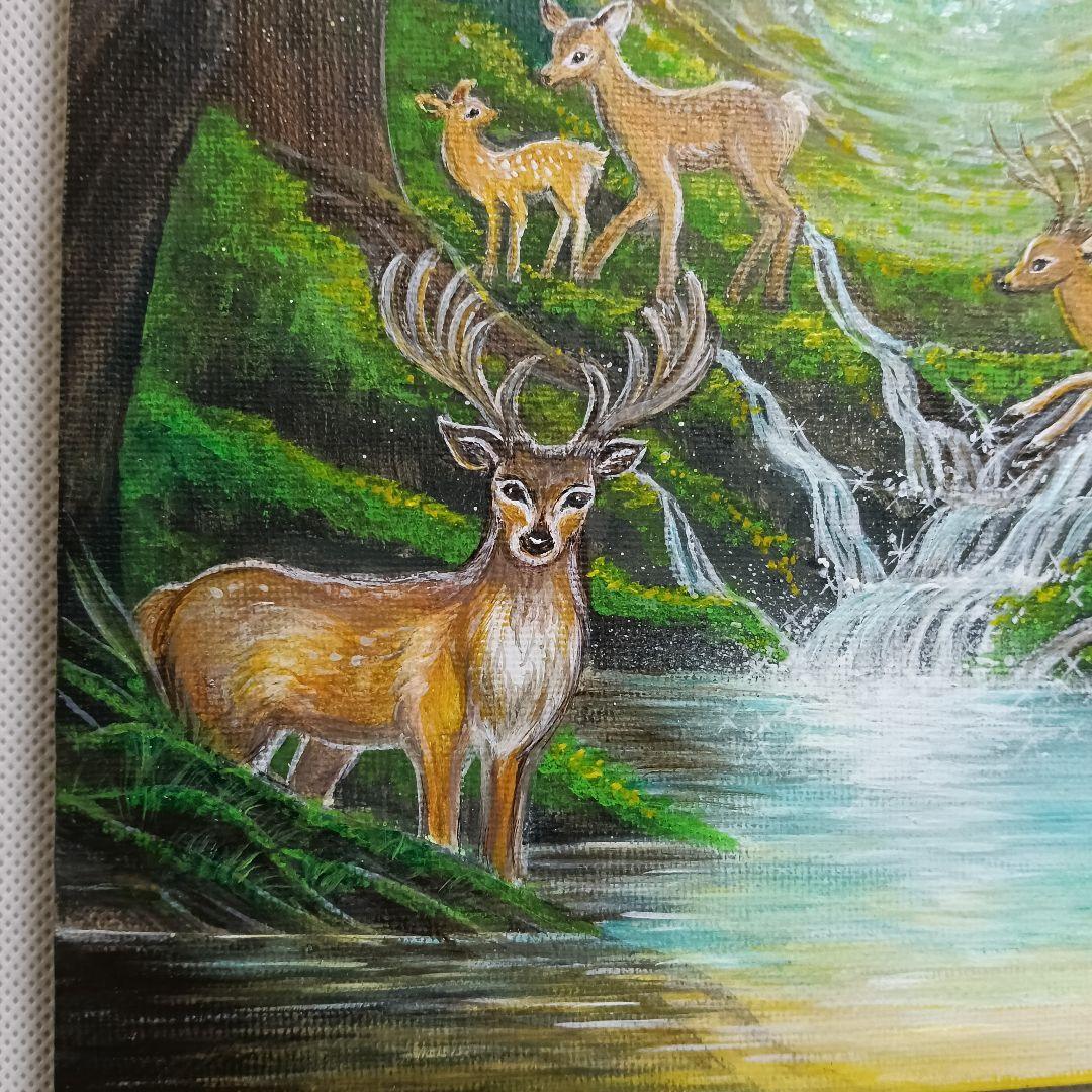 No.542　 鹿の森　アクリル画　原画　F3　 鹿神　紅葉