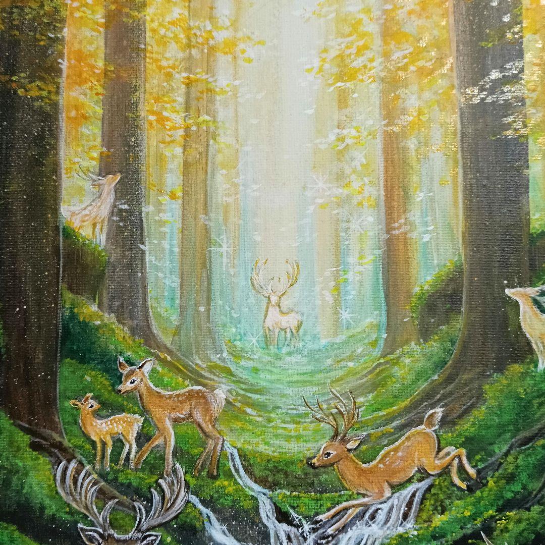 No.542　 鹿の森　アクリル画　原画　F3　 鹿神　紅葉