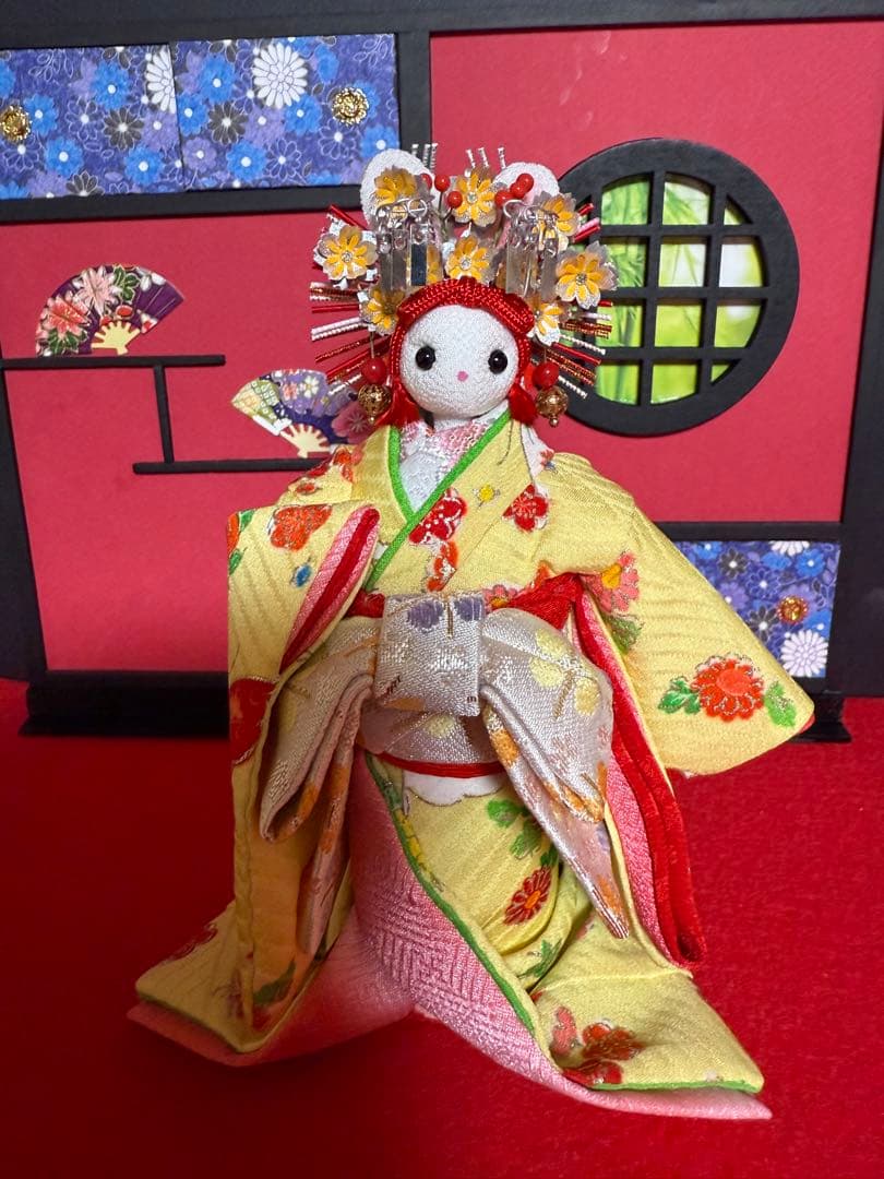 うさぎの花魁　創作ちりめん人形　ちりめんうさぎ人形　古布　ドールハウス