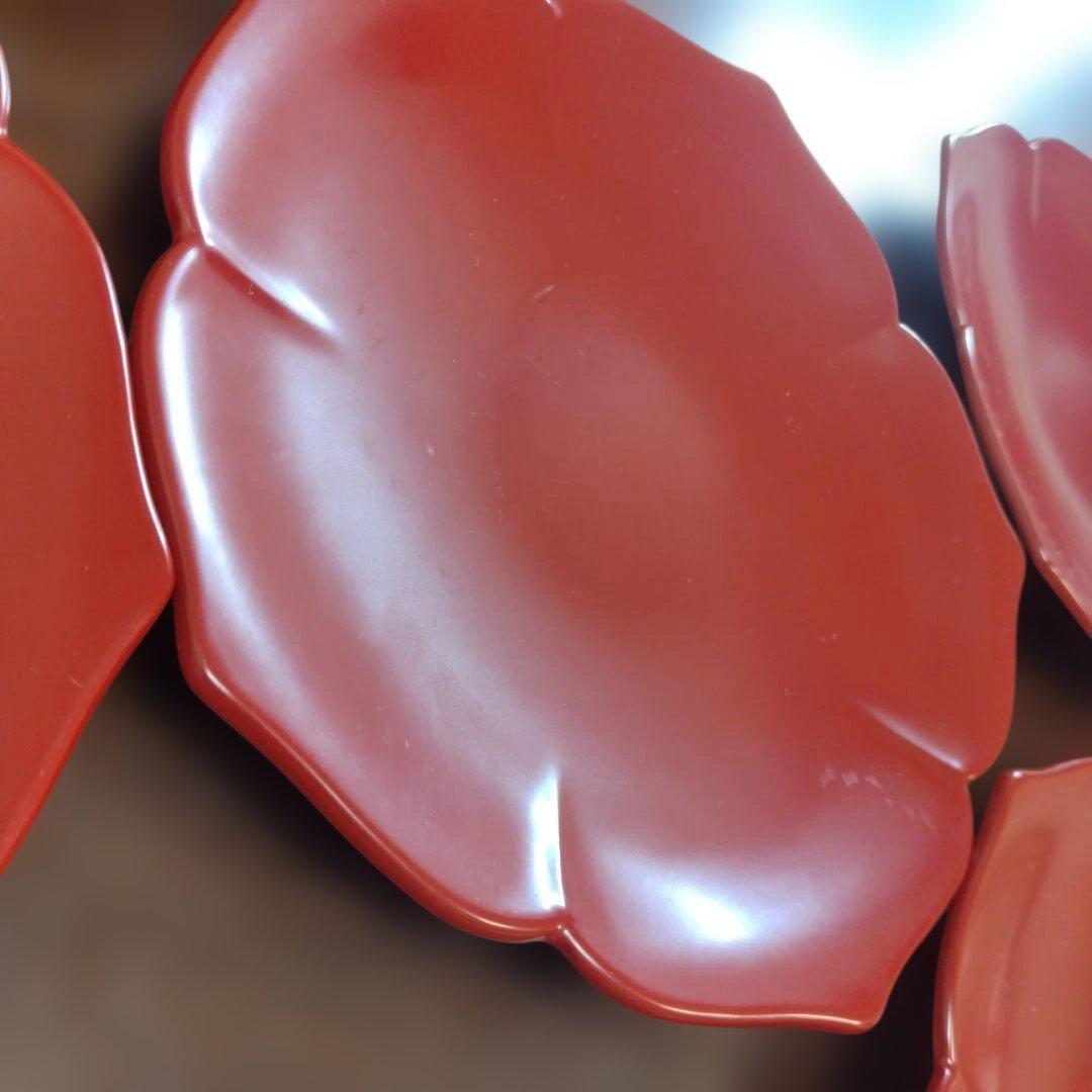 漆塗り　輪花皿　5枚セット　古代朱　漆器　中皿　盛皿　銘々皿　和食器　桔梗皿