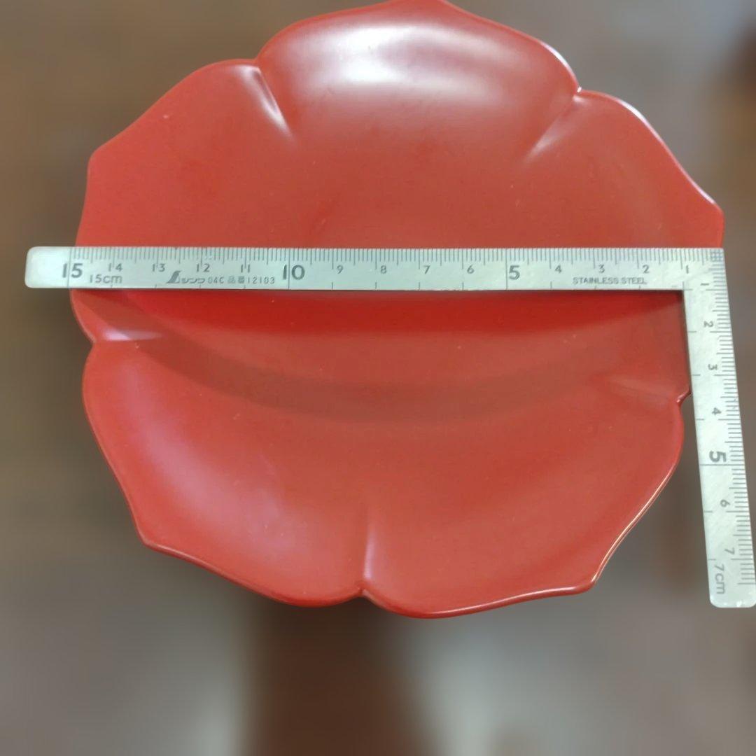 漆塗り　輪花皿　5枚セット　古代朱　漆器　中皿　盛皿　銘々皿　和食器　桔梗皿