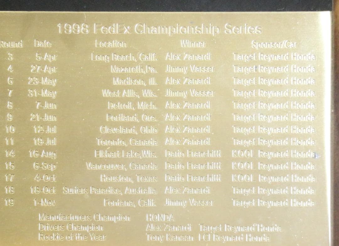 希少　ホンダコレクション　１９９８　インディーカーレースシリーズ優勝記念プレート