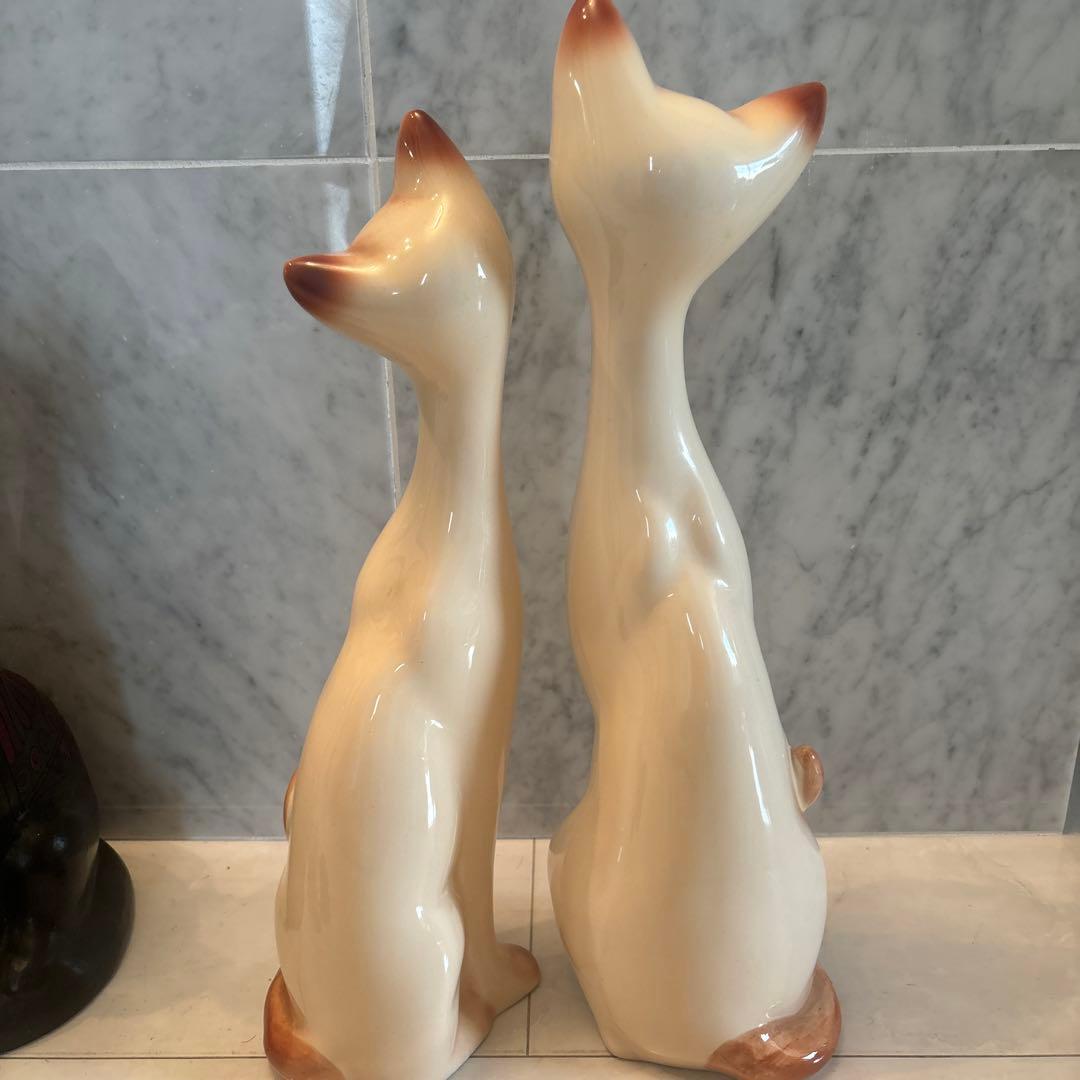 アメリカ80年代ビンテージ　手描きの瞳やまつ毛が美しい上品なペア猫ちゃん特大陶器