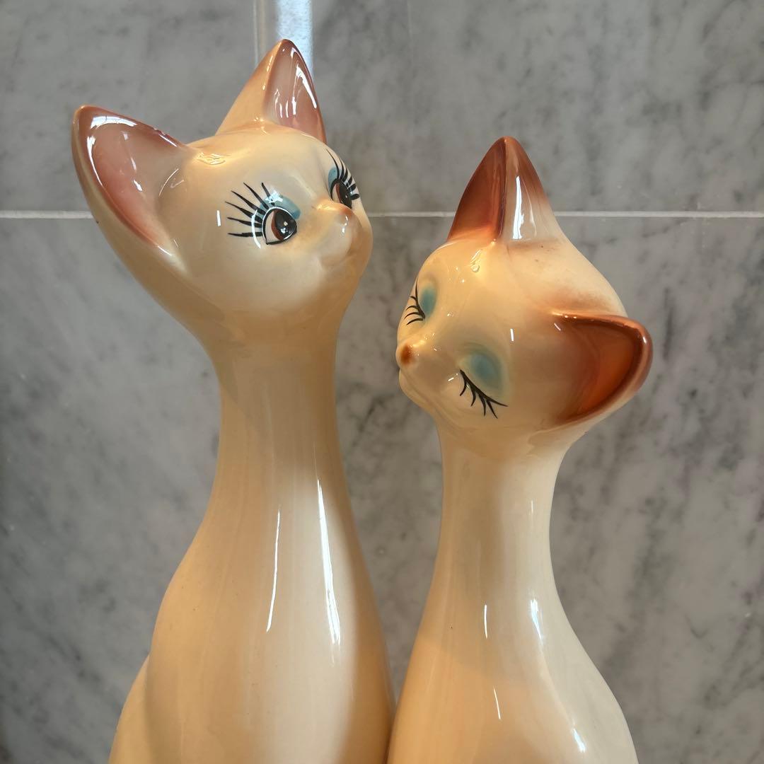 アメリカ80年代ビンテージ　手描きの瞳やまつ毛が美しい上品なペア猫ちゃん特大陶器