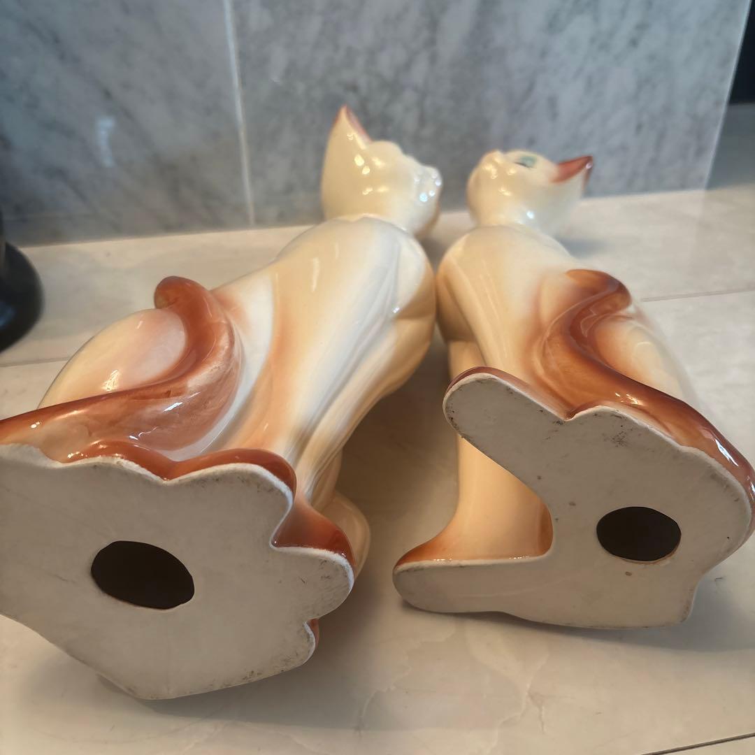 アメリカ80年代ビンテージ　手描きの瞳やまつ毛が美しい上品なペア猫ちゃん特大陶器